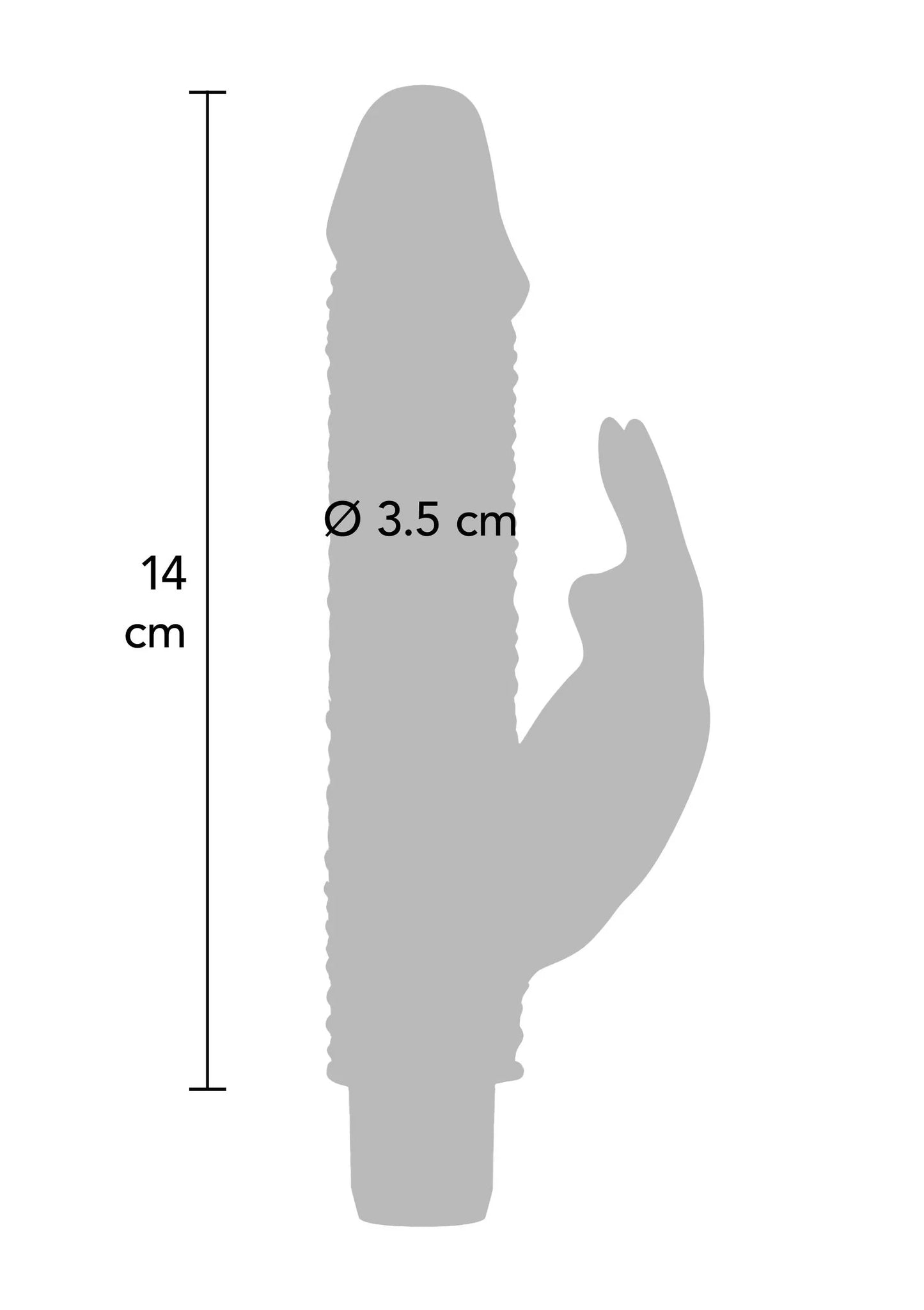 Afmetingenschets van roze vibrator met Ø 3,5 cm en hoogte 14 cm