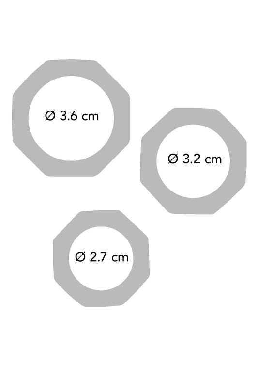Drie zwarte C-ringen met maten: Γ3,6 cm, Γ3,2 cm en Γ2,7 cm