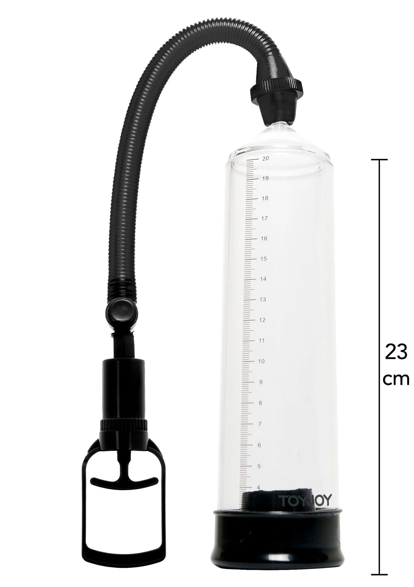 Transparante power pump met zwarte slang en voetbasis, met maatverdeling op reservoir
