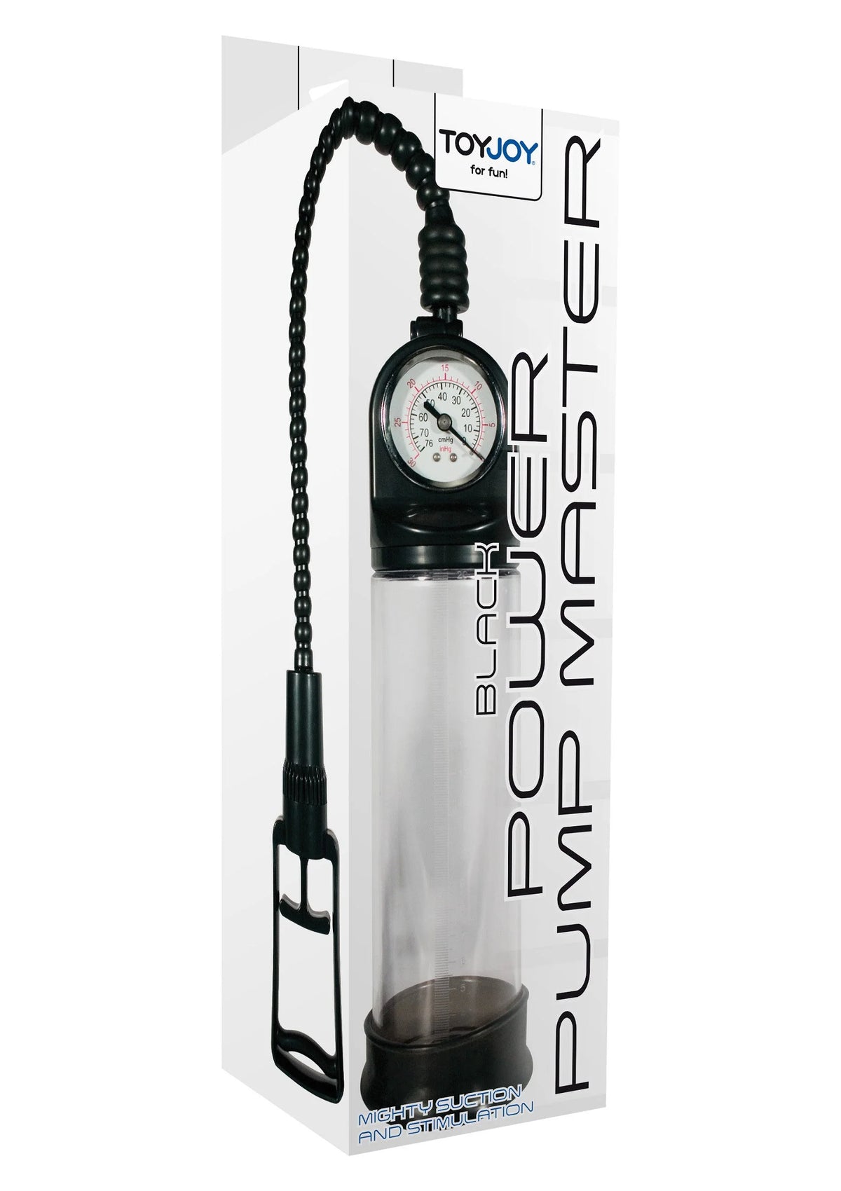 ToyJoy-verpakking met handpomp en manometer, transparante cilinder met zwarte slang