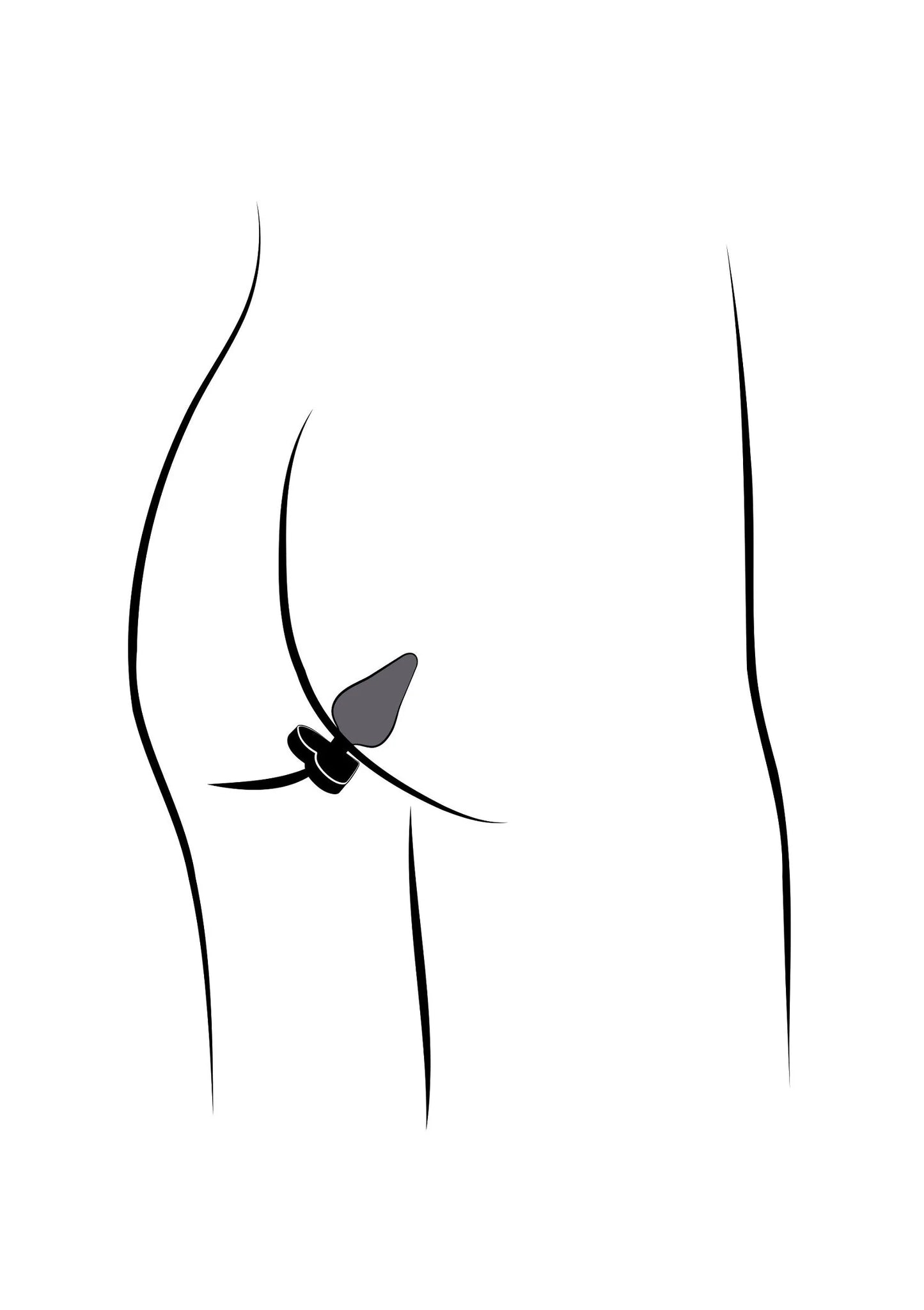 Detailtekening van een anale plug met brede basis in de onderbuik.