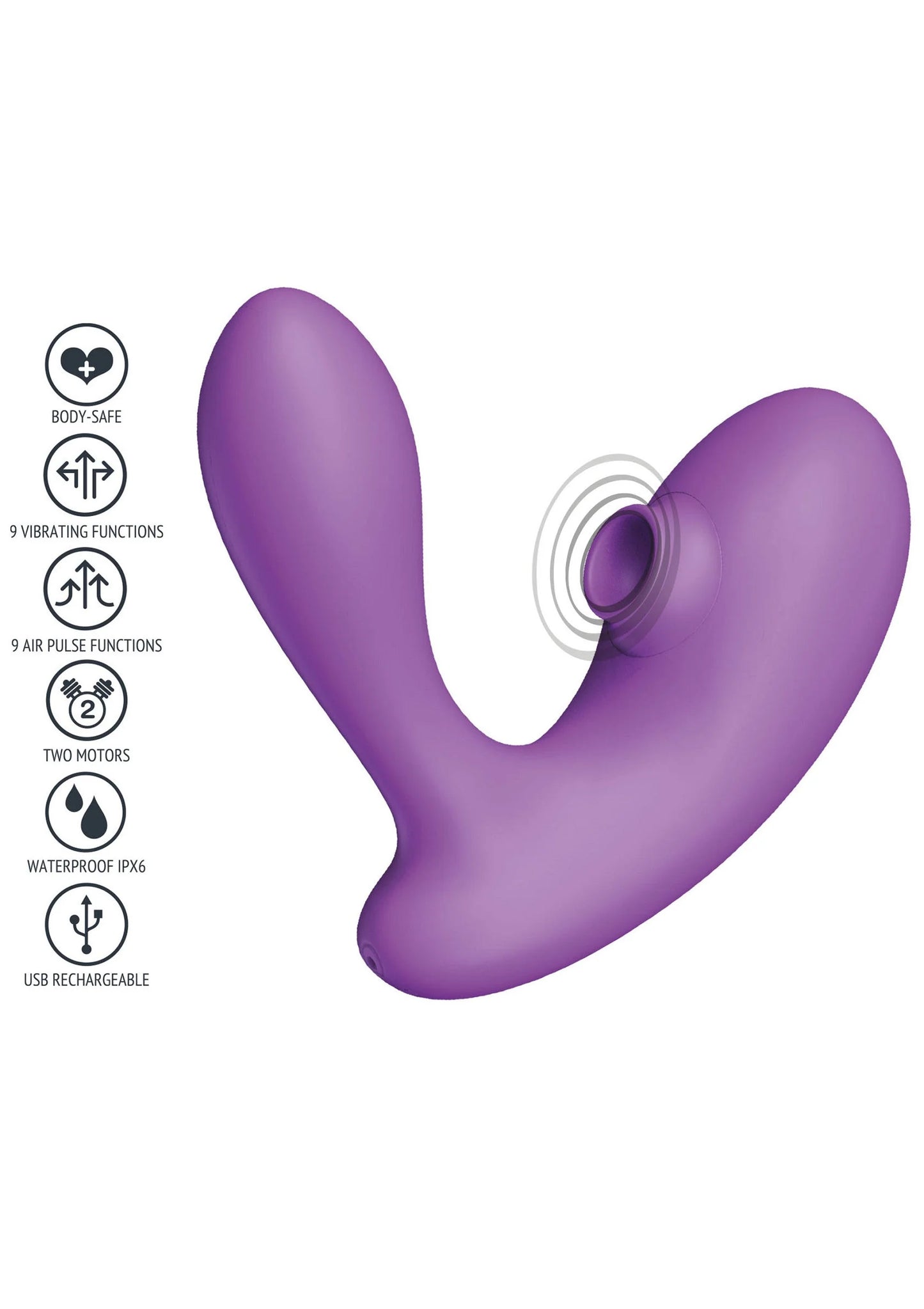 Paarse U-vormige vibrator met icons: 9 functies, twee motoren en waterdicht IPX6