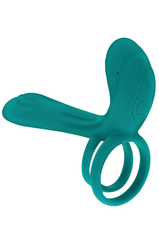 Turquoise vibratorring met lange arm en dubbele ring, zijaanzicht