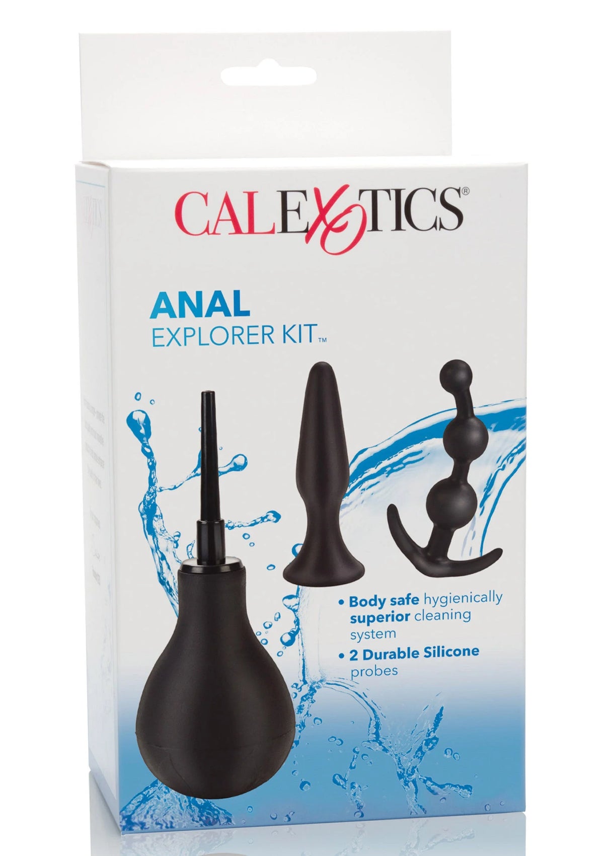 Verpakking CALEXOTICS ANAL Explorer Kit met illustratie van drie siliconen onderdelen.