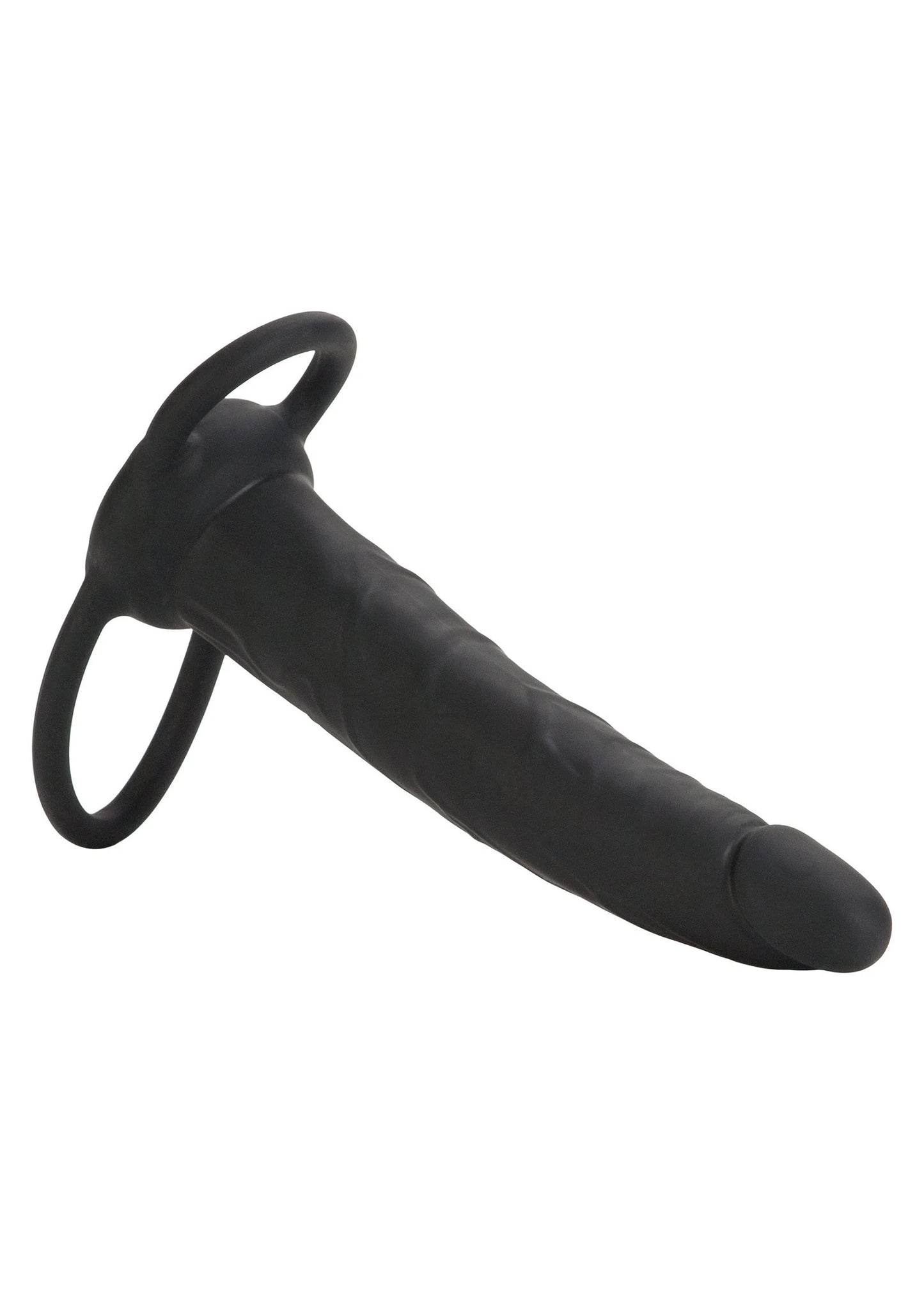 Zwarte siliconen dildo met ring bij de top en afgeronde punt