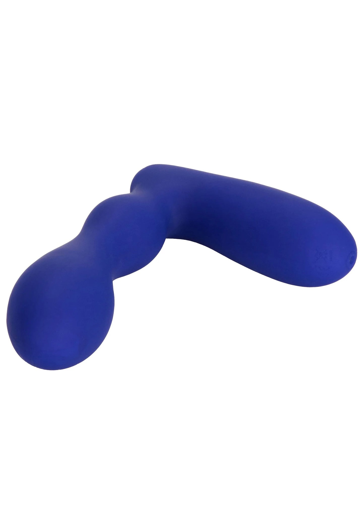 Blauwe buttplug met gebogen vorm en afgeronde verdikking; glad siliconen oppervlak