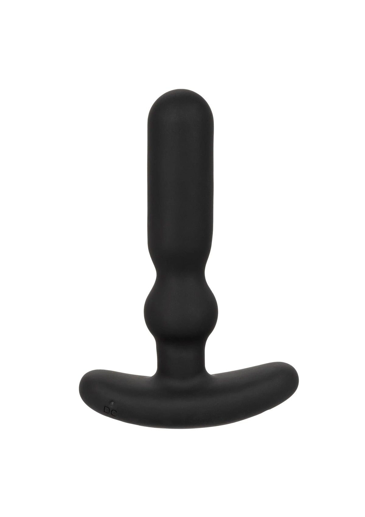 Zwarte COLT anal-T vibrator recht van voren; glad oppervlak en brede gebogen voet