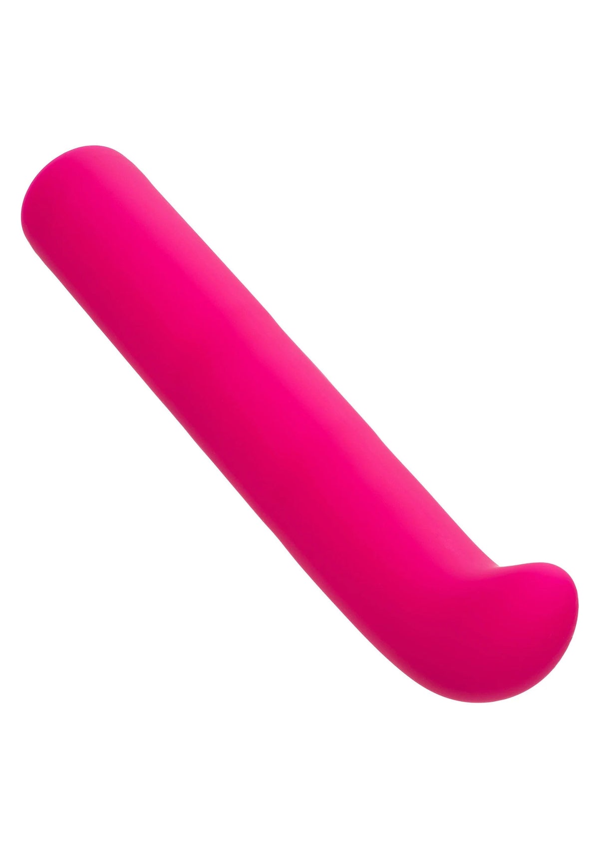 Roze gebogen vibrator met ronde kop, glad oppervlak van vloeibare siliconen.