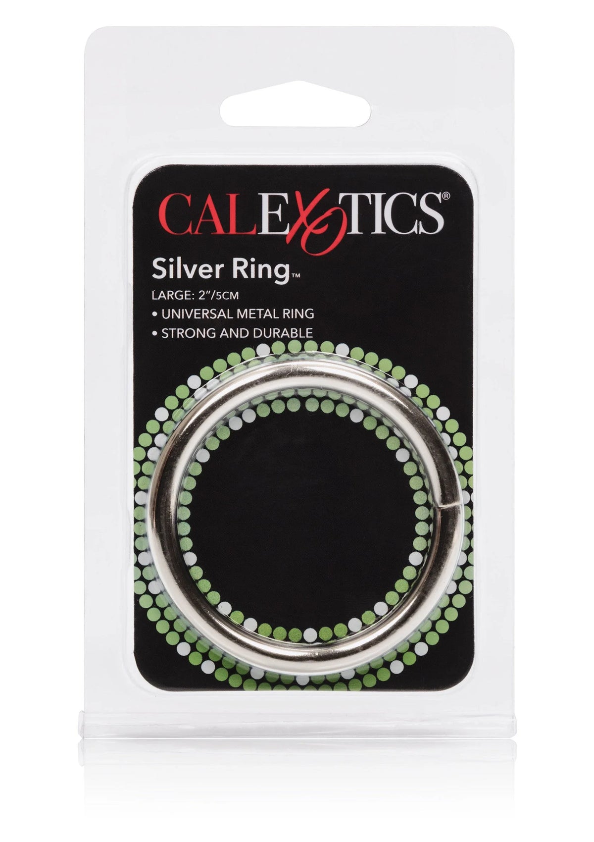 CalExotics zilveren ringverpakking met groene steentjesrand