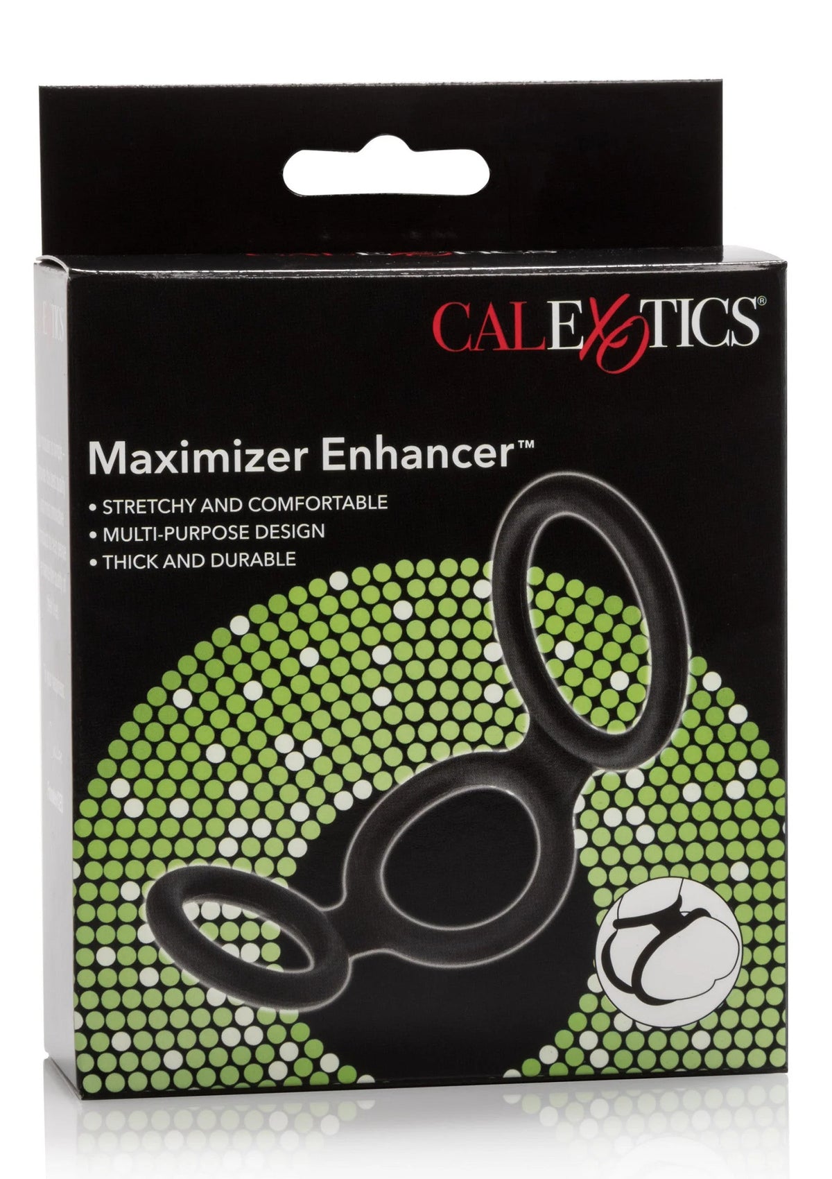 Doos van CalExotics Maximizer Enhancer met groene stippen en zwarte illustratie