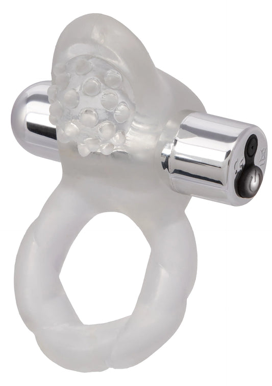Doorzichtige cockring met nubbige vibratorkop en zilveren cilindervormige module.