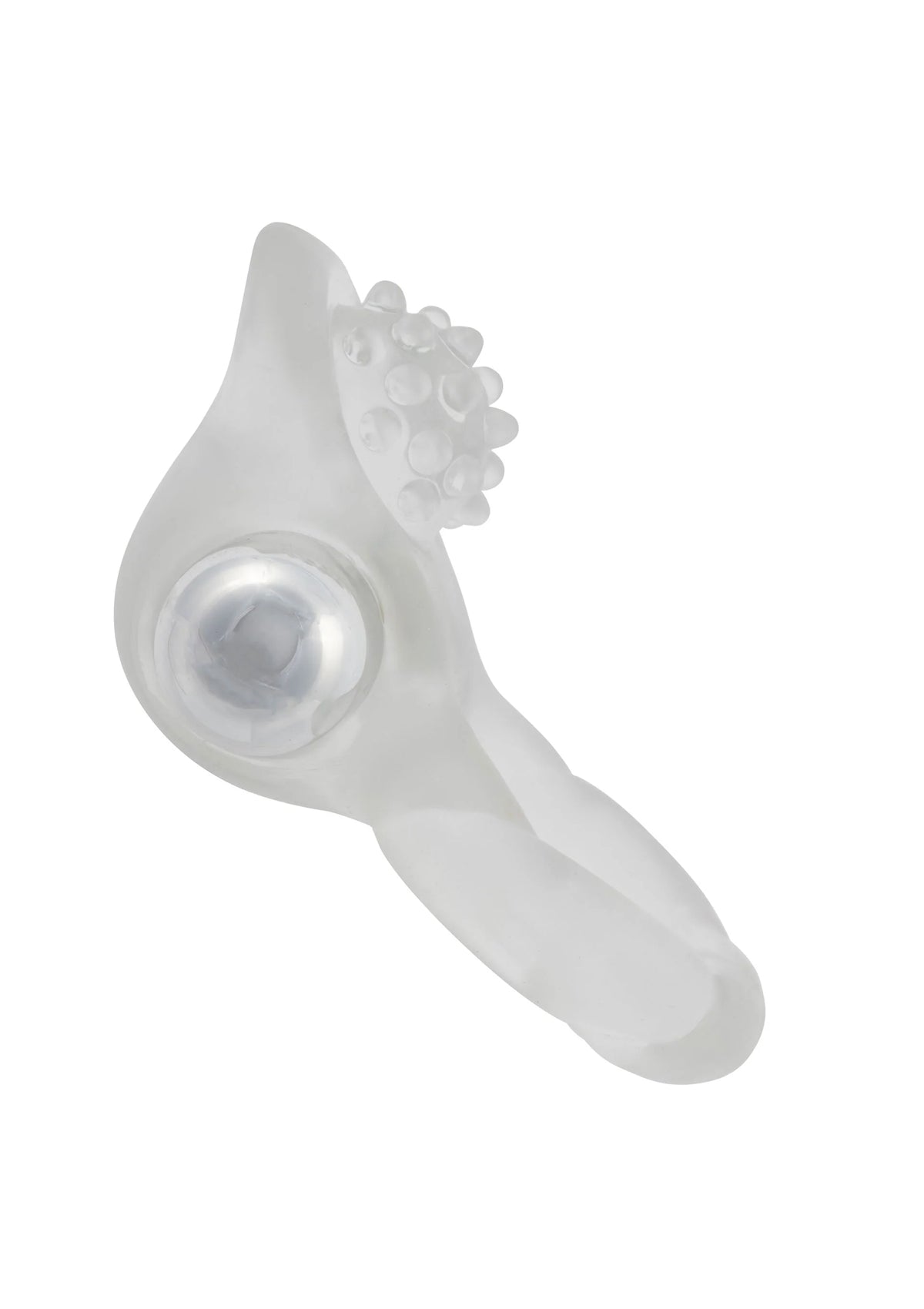 Cockring zijaanzicht: doorzichtige behuizing met nubbige kop en ronde metalen insert.