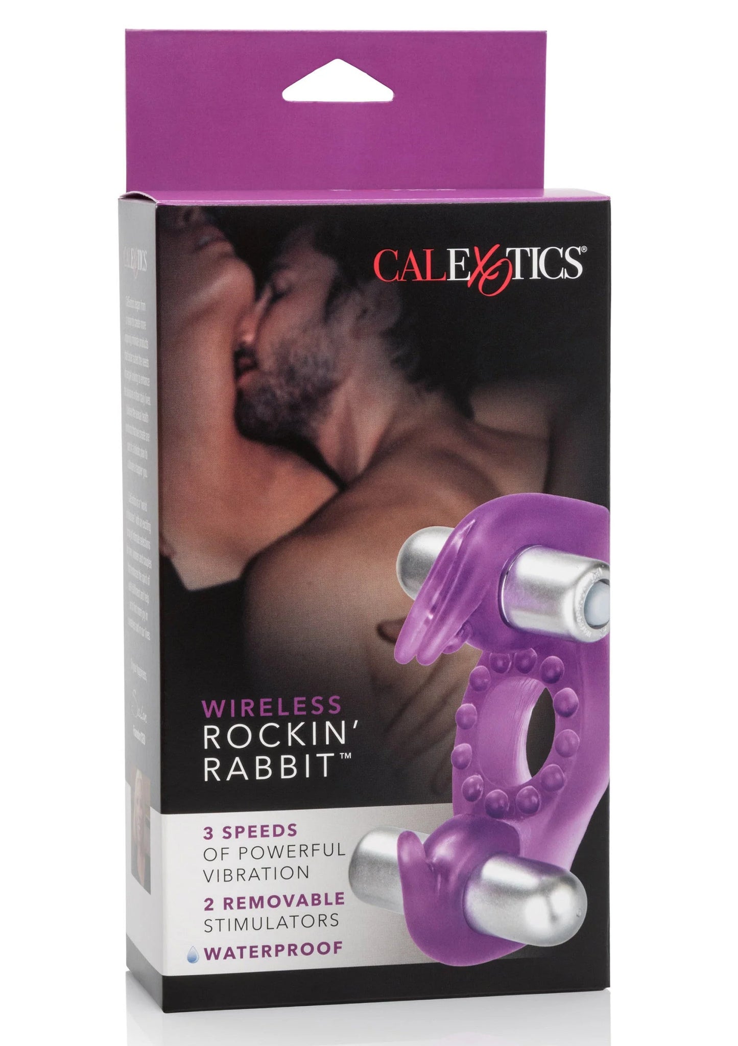 Doos van CalExotics met paars draadloze Rockinβ Rabbit-stimulator en waterdichte claim