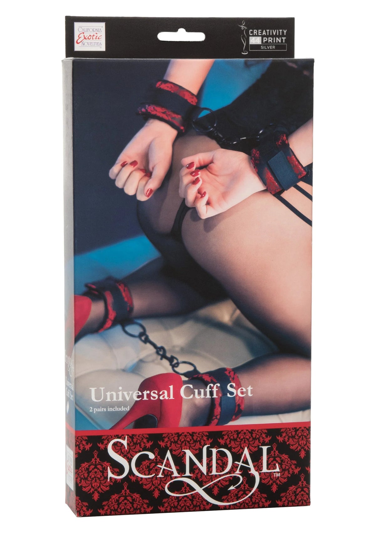 Doosverpakking met opschrift Scandal en universele boeien-set, rode/zwart design