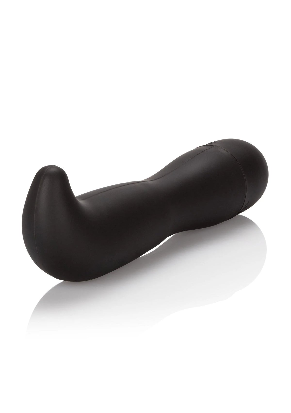 Zwarte prostaatstimulator met breed gebogen vorm, glad oppervlak en ronde basis