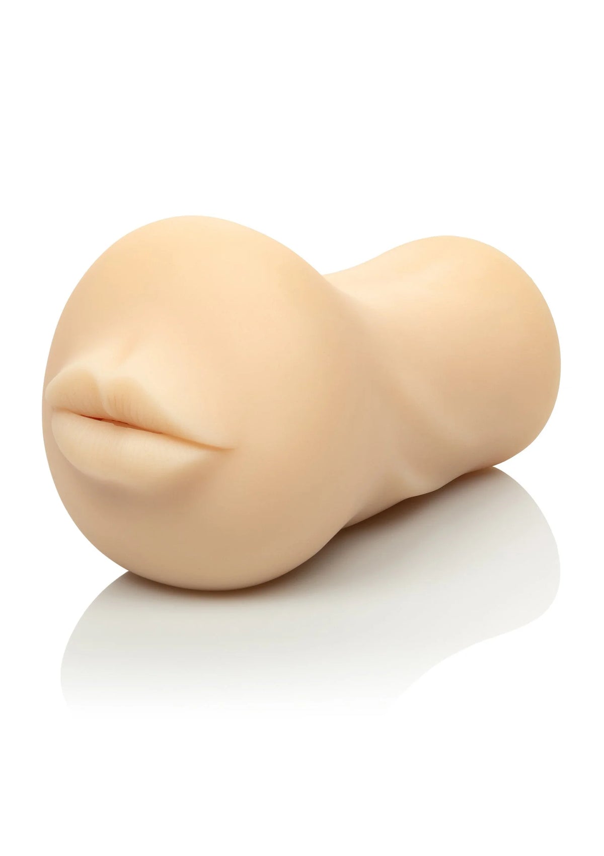 Beige, mondvormige seksspeeltje van zacht materiaal, zijaanzicht