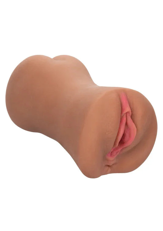 Close-up van de zijkantopening van een bruinige dual-entry masturbator