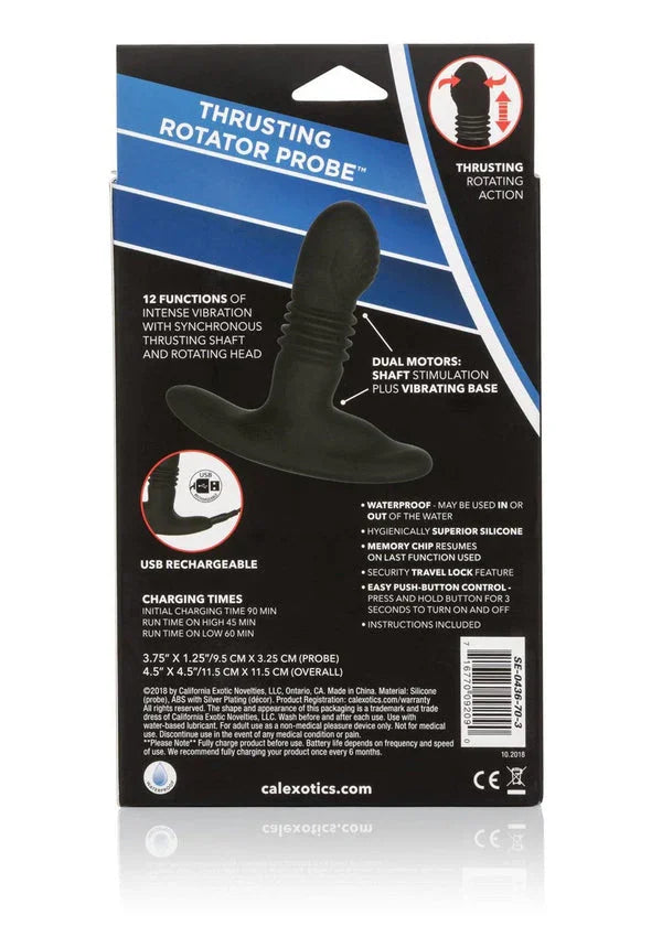 Achterzijde CalExotics Eclipse Thrusting Rotator Probe doos met specificaties en iconen.