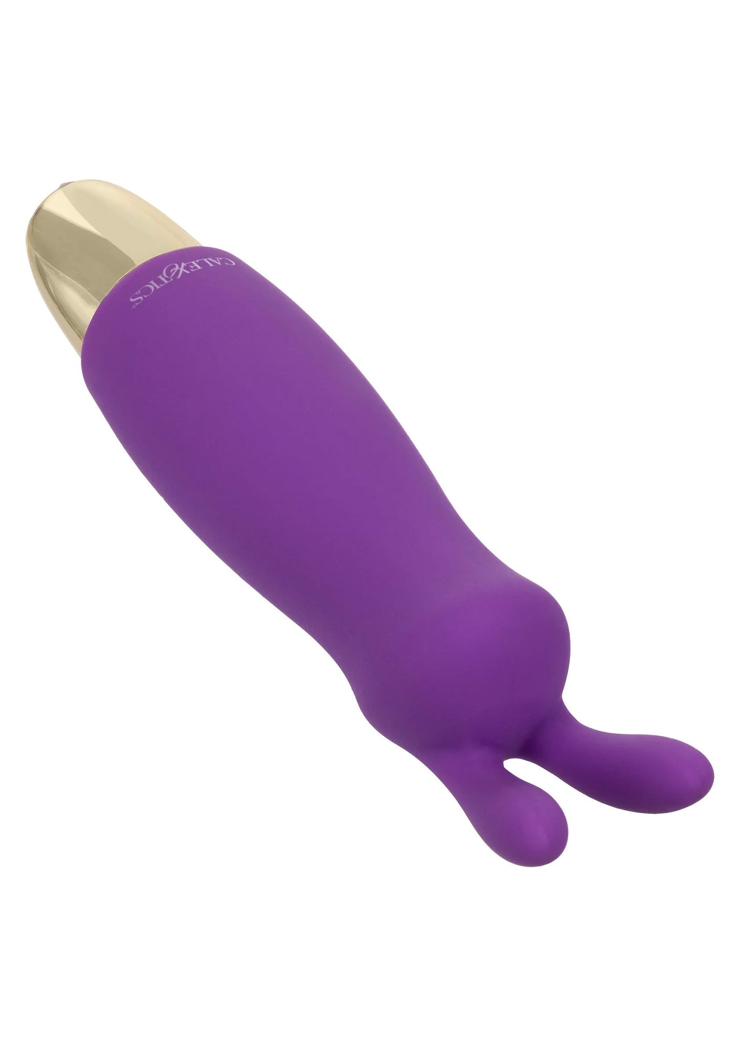 Paarse silicone vibrator met twee oortjes, zijaanzicht