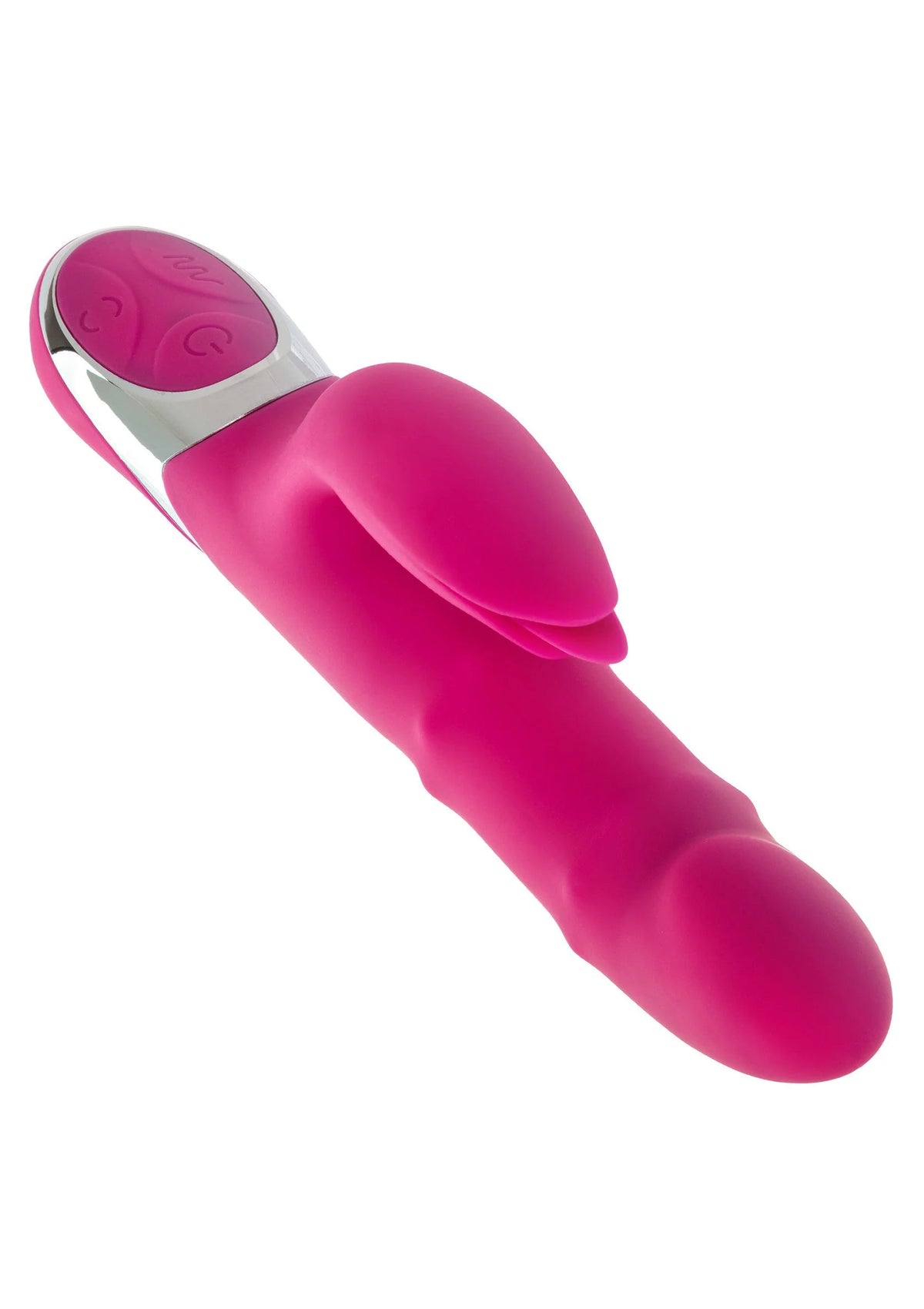 Roze vibrator met zilveren rand en ovale vibratiekop aan bovenzijde