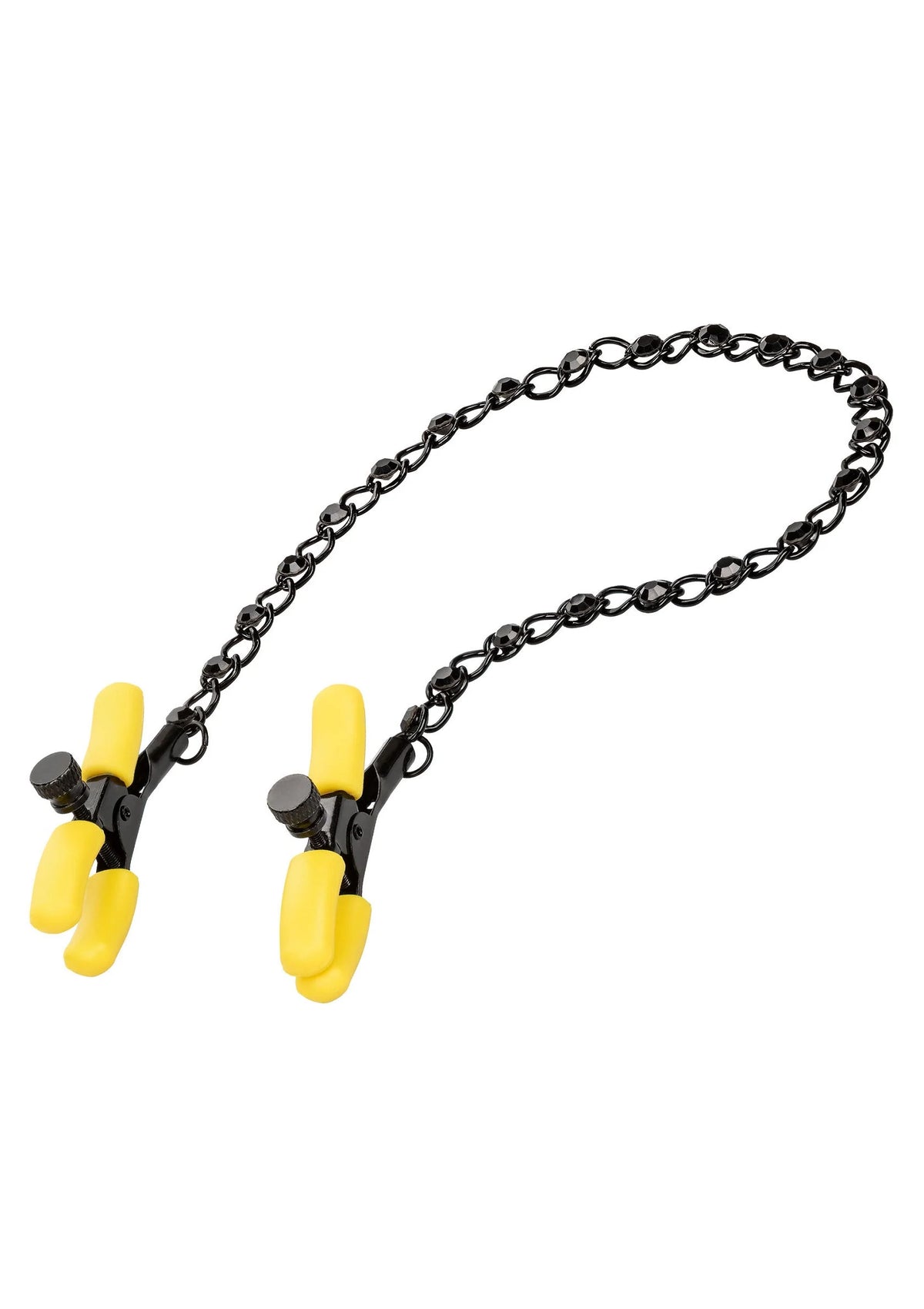 Set borstnippelclips met gele klemmen en zwarte ketting, close-up