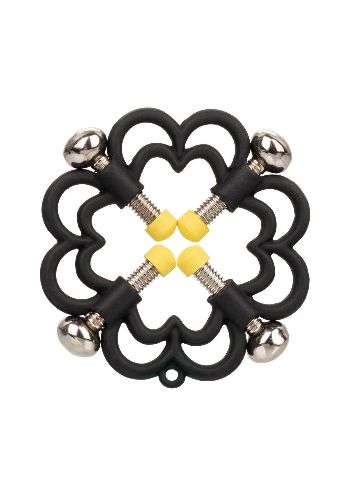 Zwarte bloemvormige nippelklem met twee schroefassen, gele kussentjes en metalen knoppen