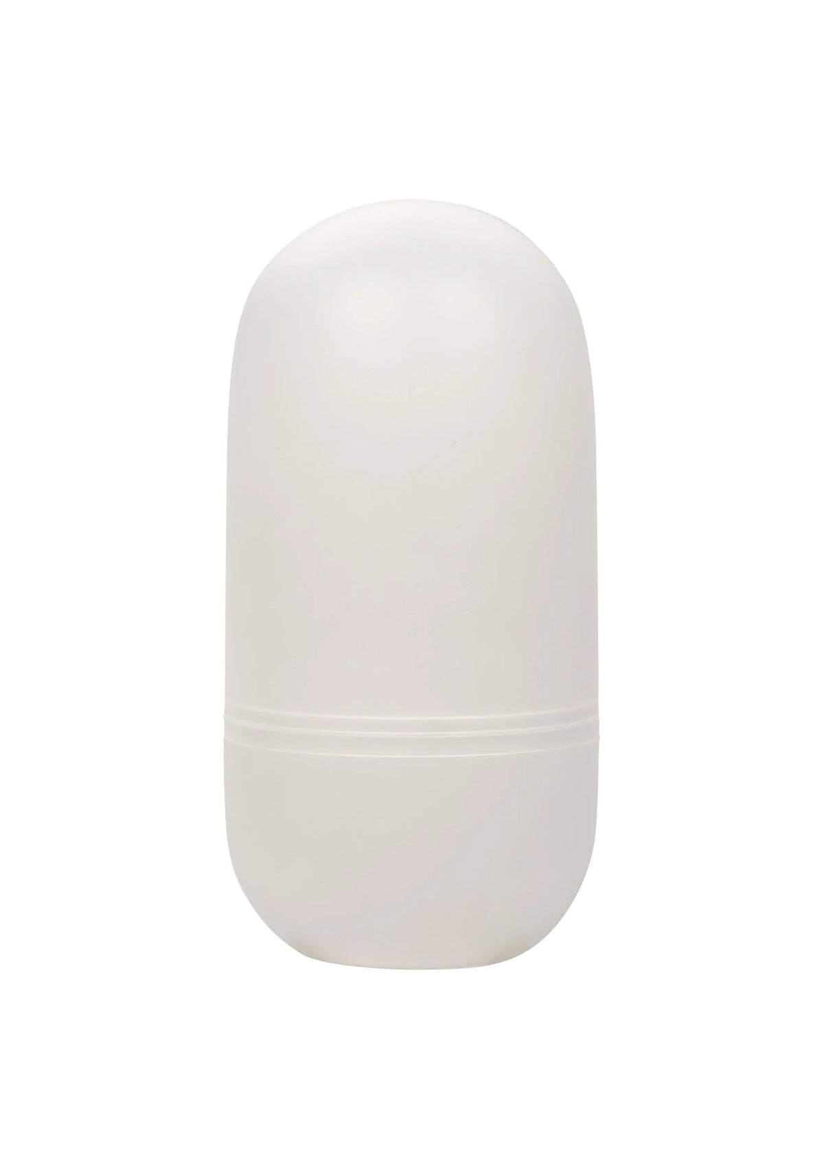 Witte opbergcapsule voor seksstroker, afgeronde top met sluitband onderaan.