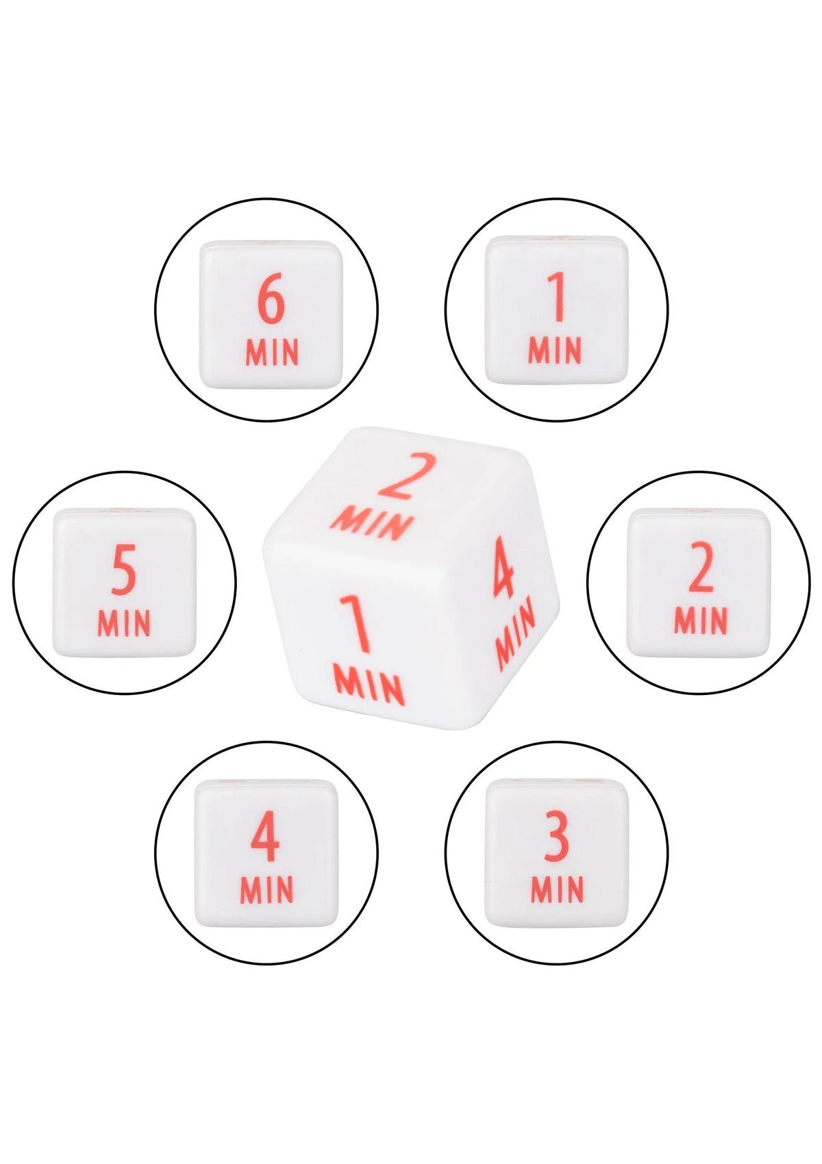 Witte dobbelstenen met rode tijden: '1 MIN' tot '6 MIN'.