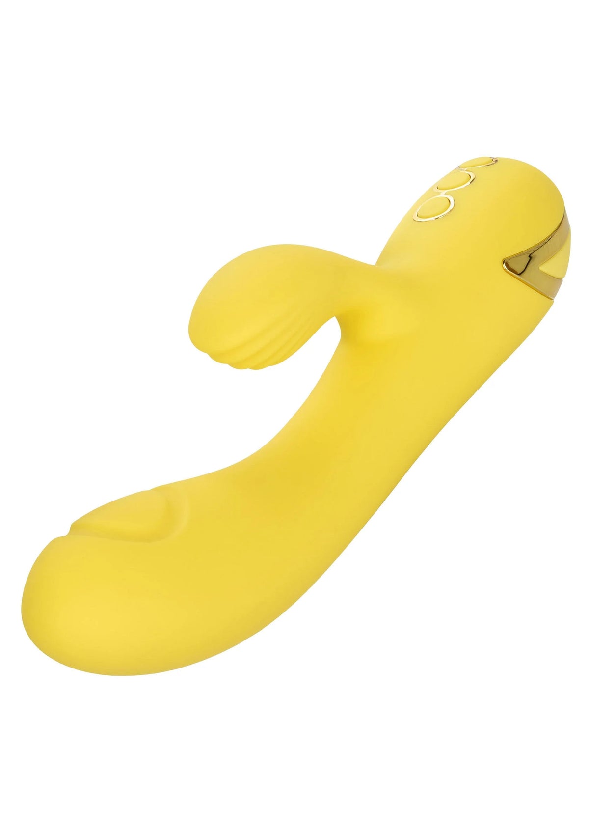 Gele siliconen dildo met kleine metalen knip en ovale knopjes bovenop