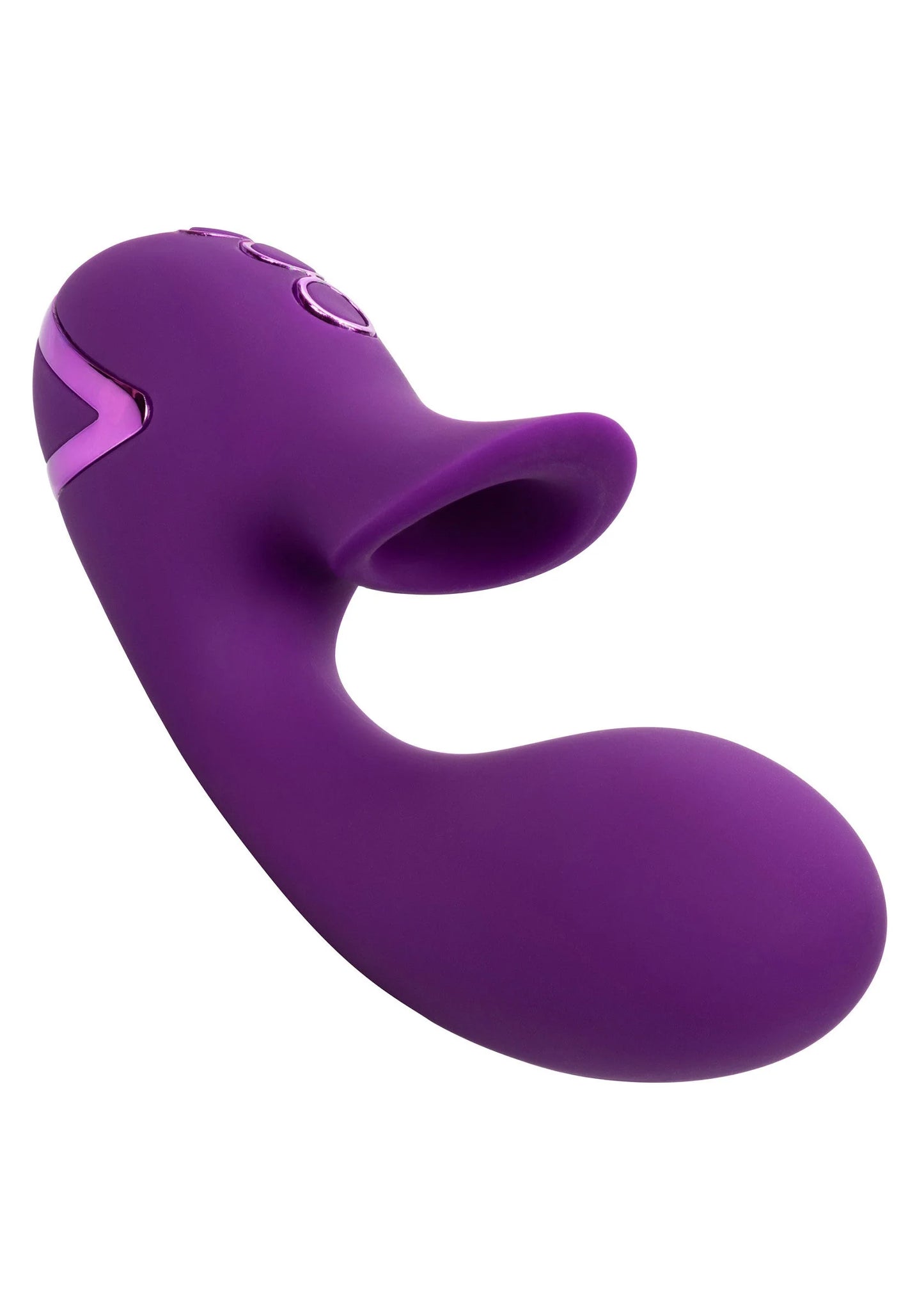 Paarse dual-massager liggend, met open binnenkanaal en kleine textuurdetails