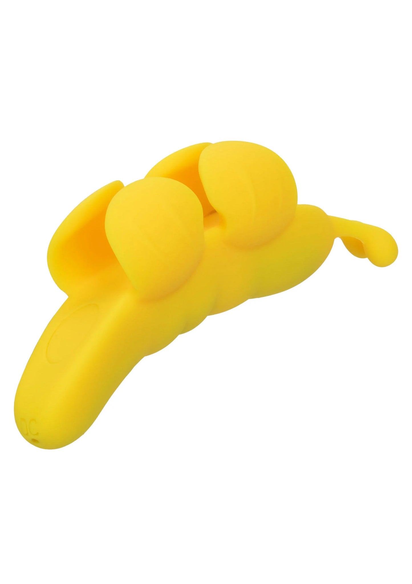 Gele vlinder-vormige vibrator schuin bovenaanzicht, afgeronde knoppen aan de zijkant.