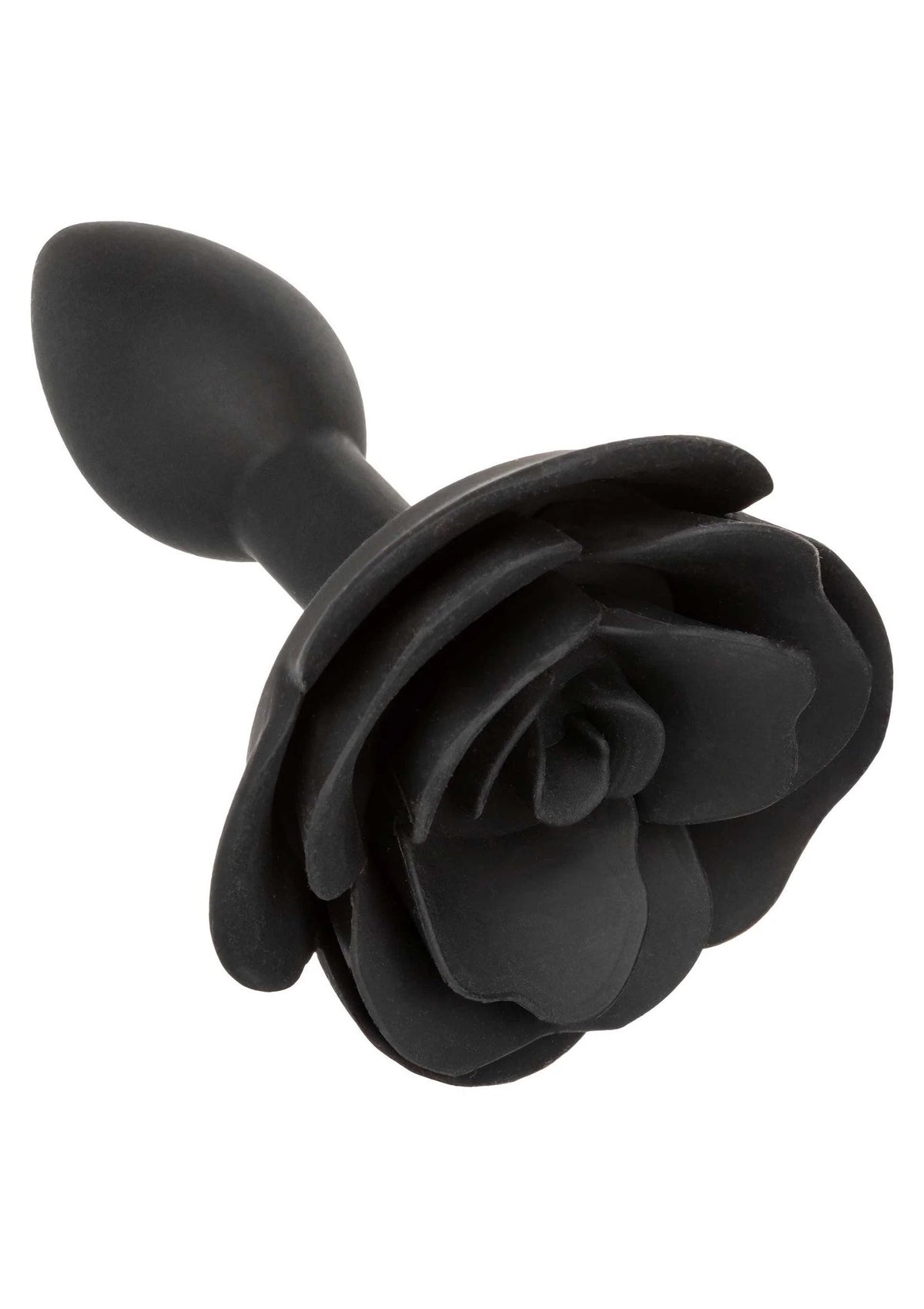 Zwarte siliconen anale plug met rozenpetalen, close-up