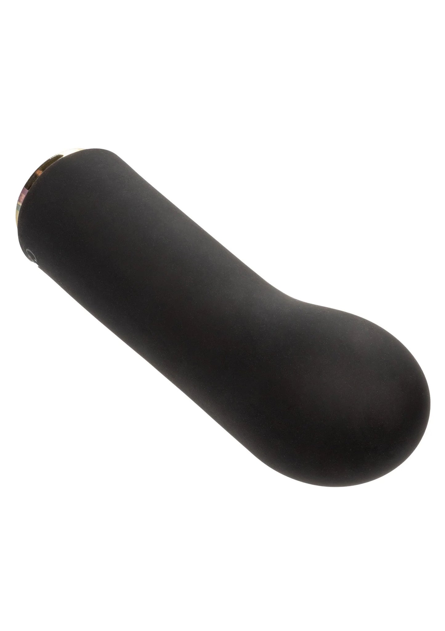 Zwarte gebogen siliconen vibrator met slank profiel en gouden randaansluiting