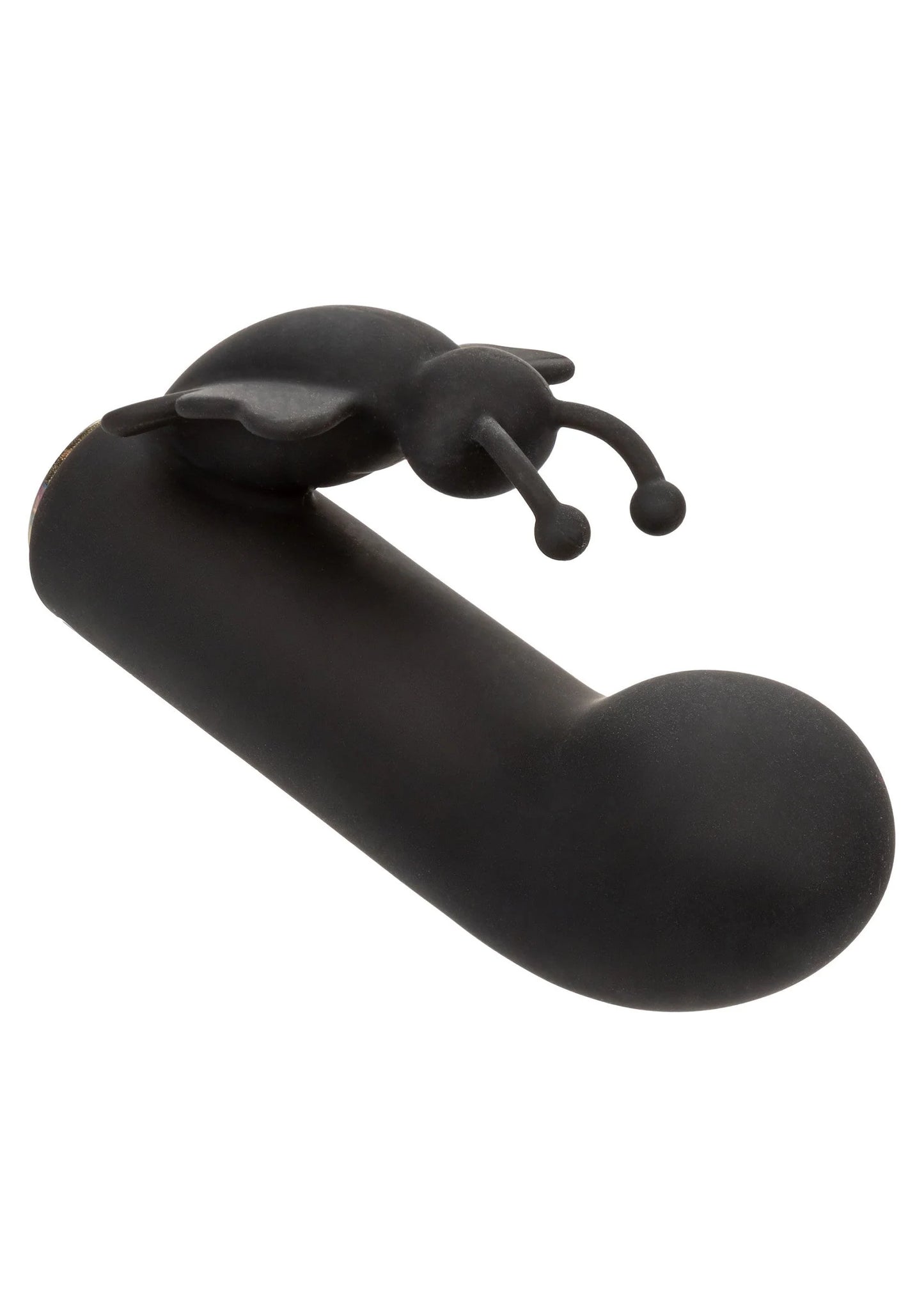 Zwarte dual-action vlinder-vibrator in zijaanzicht met opzetstukken aan de top