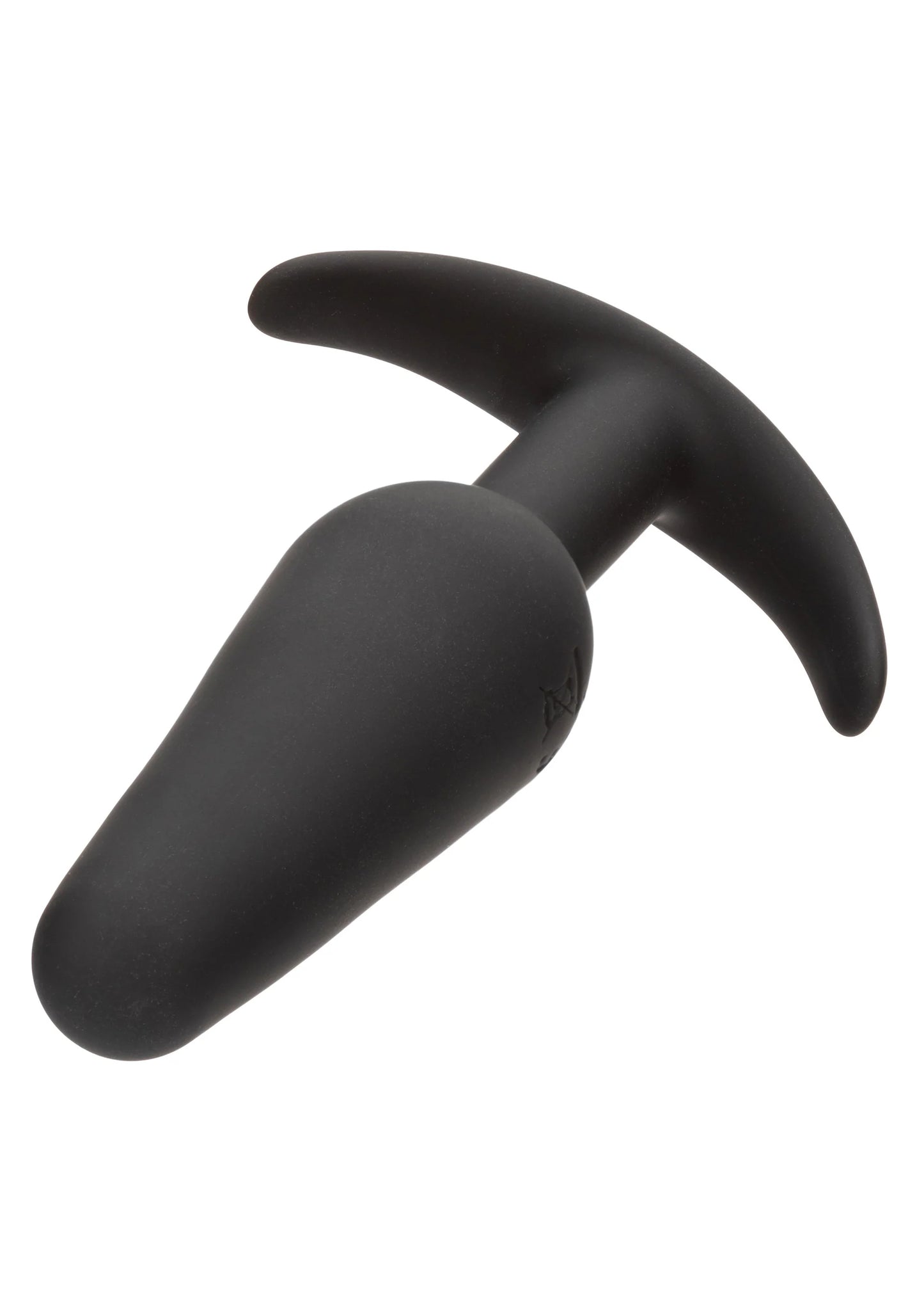 Zwarte slanke plug met afgeronde vorm en zijflens, gedraaide hoek