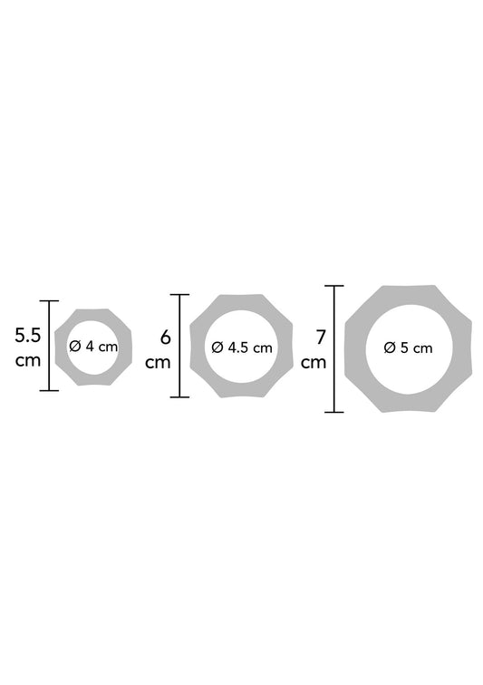 Extreme zware C-ring set: afmetingen van drie zwarte ringen, Γ 4, 4,5 en 5 cm.