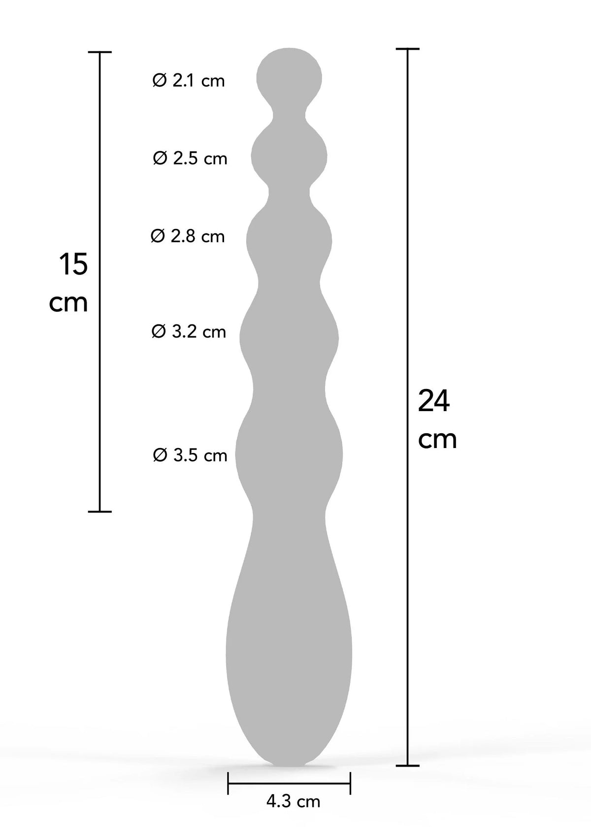 Afmetingen: 24 cm lang, 4,3 cm breed en 15 cm hoogte van anale vibrator