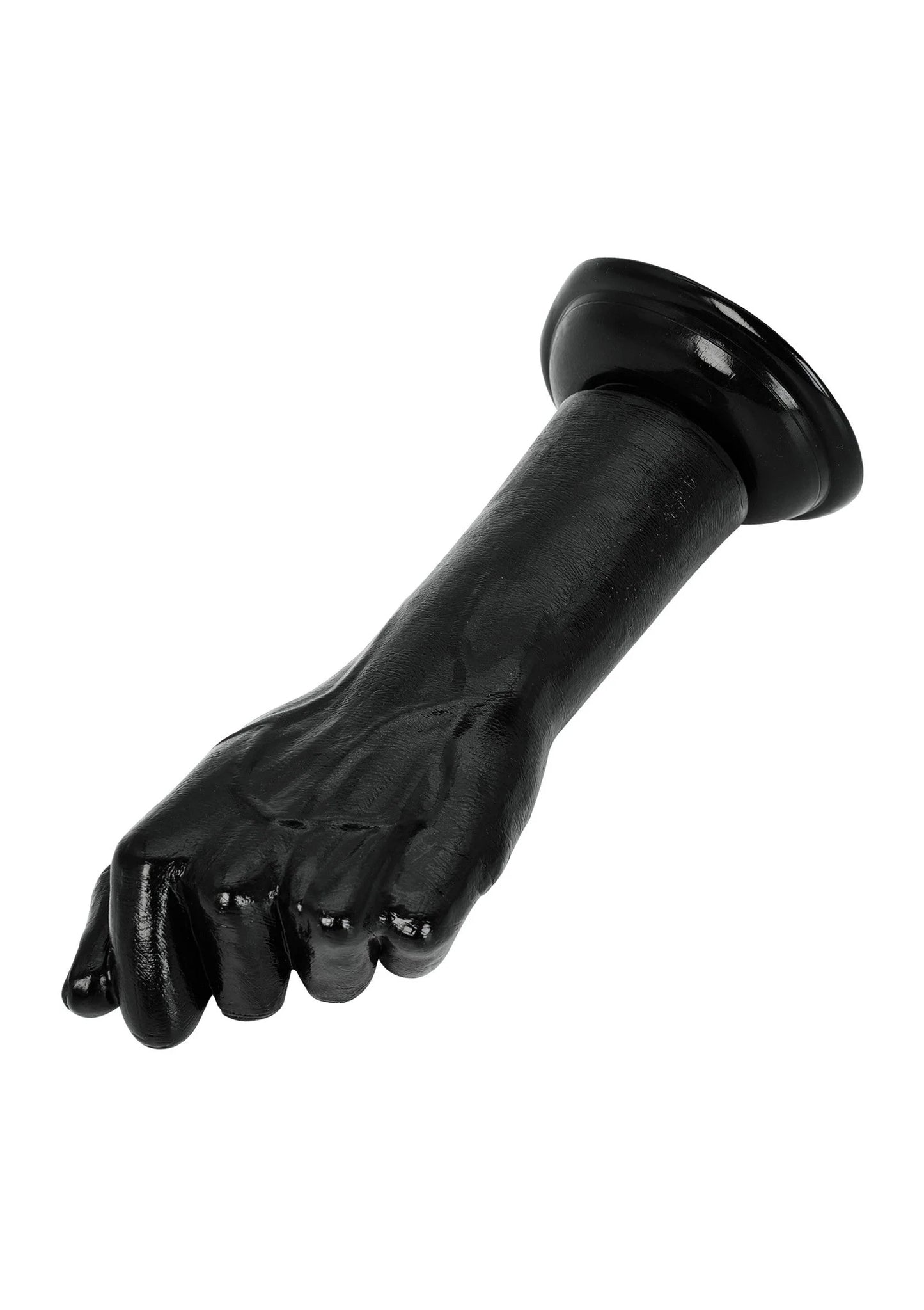 Glanzende zwarte dildo met handvormige uiteinden en afgeronde kop, diagonaal