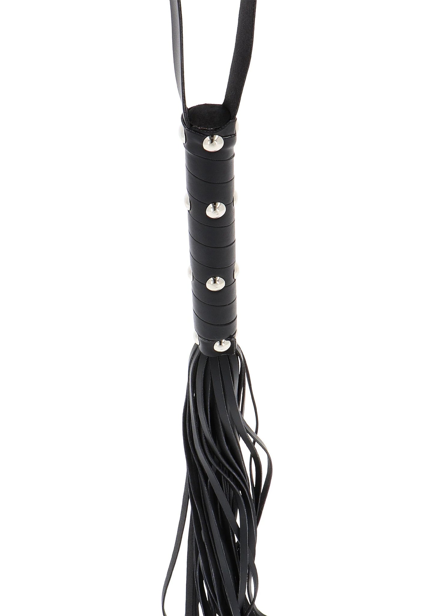 Zwarte zweepflogger-handgreep met metalen studs en franjes van meerdere losse riemen