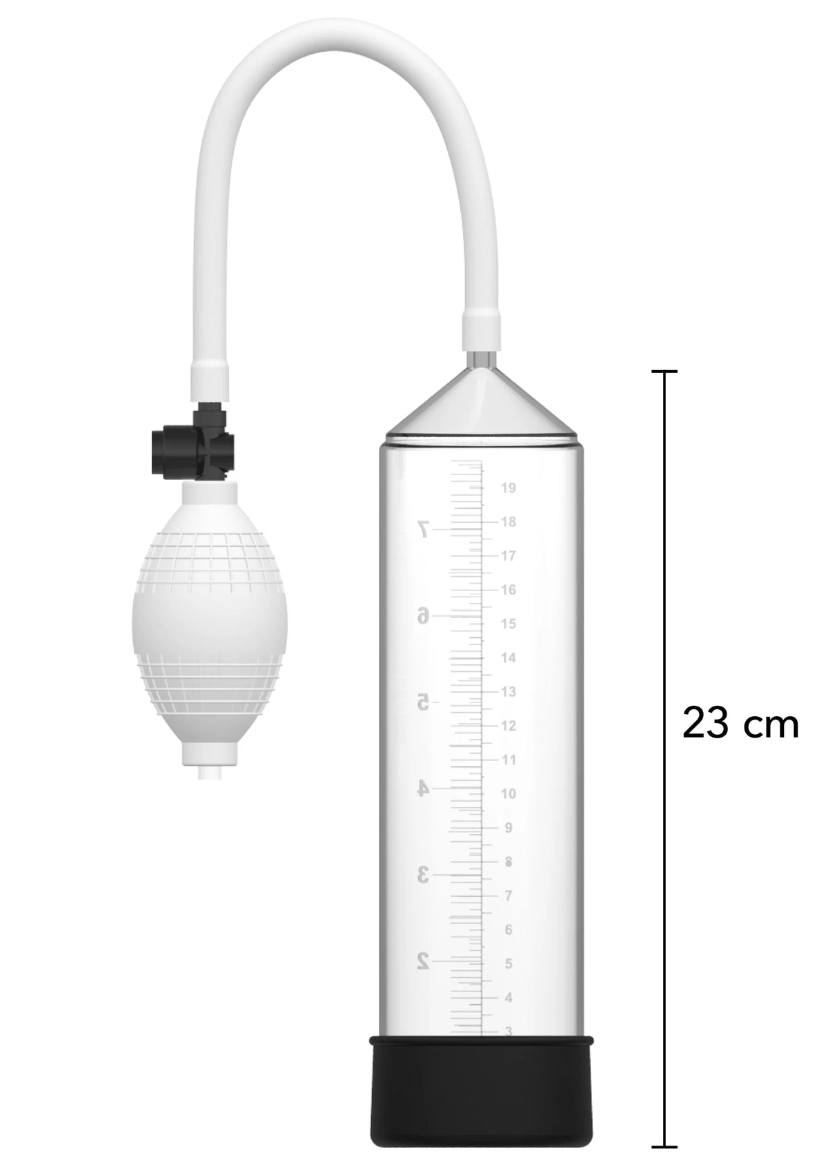 Witte slang met zwarte bodemhouder en transparante penispompcilinder, 23 cm