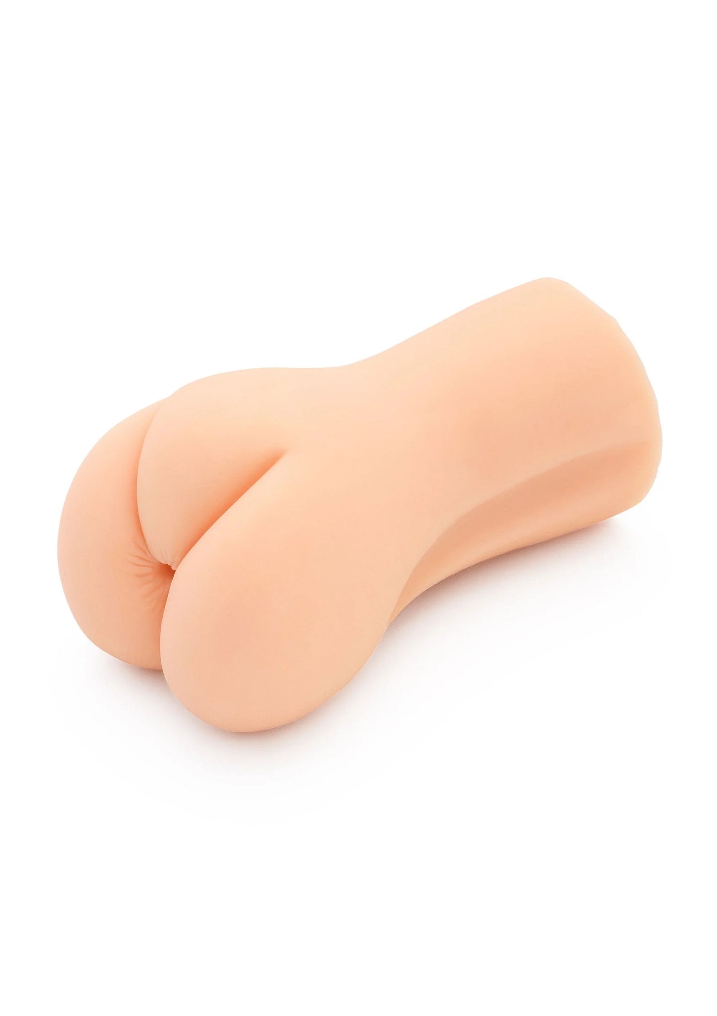 Vlees-kleurig zakpussy-masturbatiespeeltje, zijaanzicht met gladde, afgeronde buitenkant
