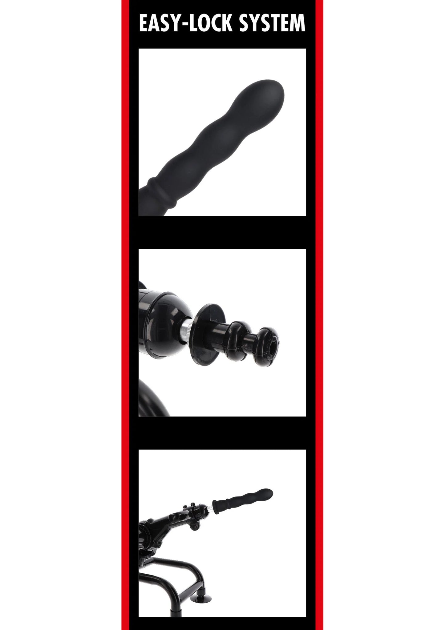 Verpakking met Easy-Lock systeem en zwarte dildo/vibrator met brede voet