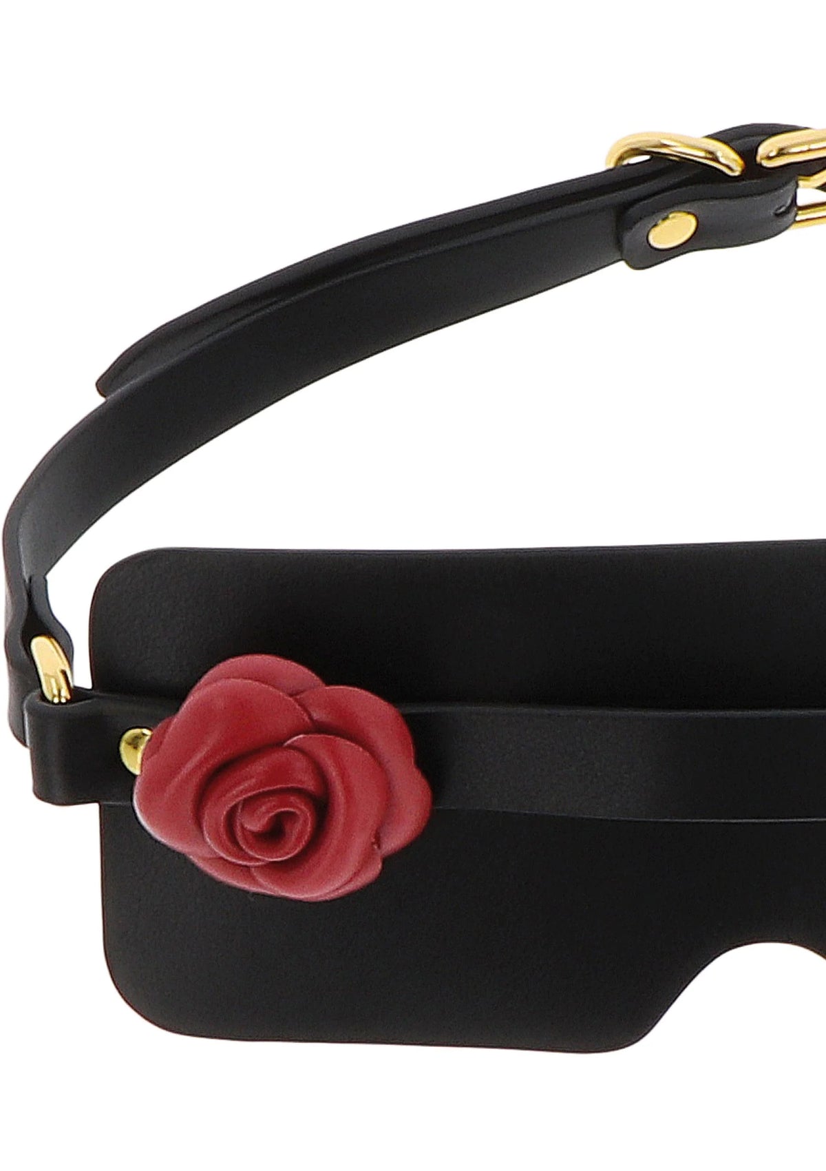 Zwarte blinddoek met rode rozenbloem en verstelbare riem met goudkleurige sluiting.