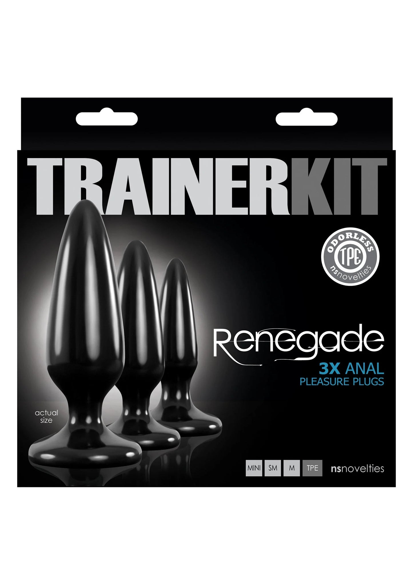 Zwarte doos met TRAINERKIT en Renegade 3X anale pleasure plugs.