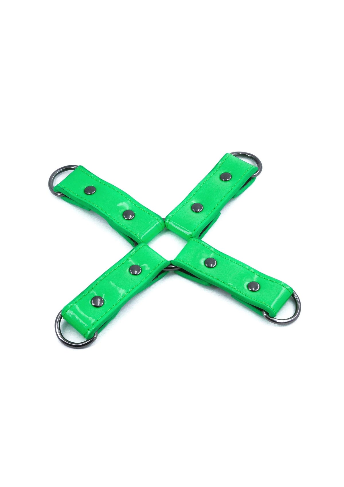 Groen hogtie-harnas met vier riemen en metalen ringen
