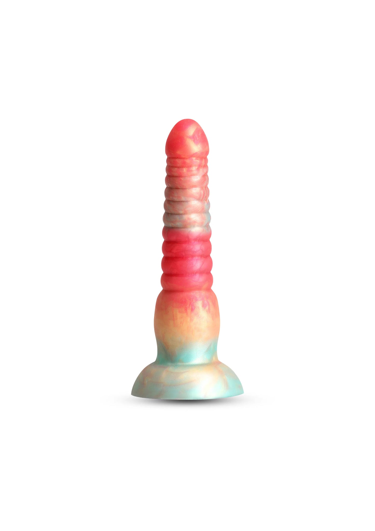 Rode gestreepte dildo met brede voet en lichte overloop