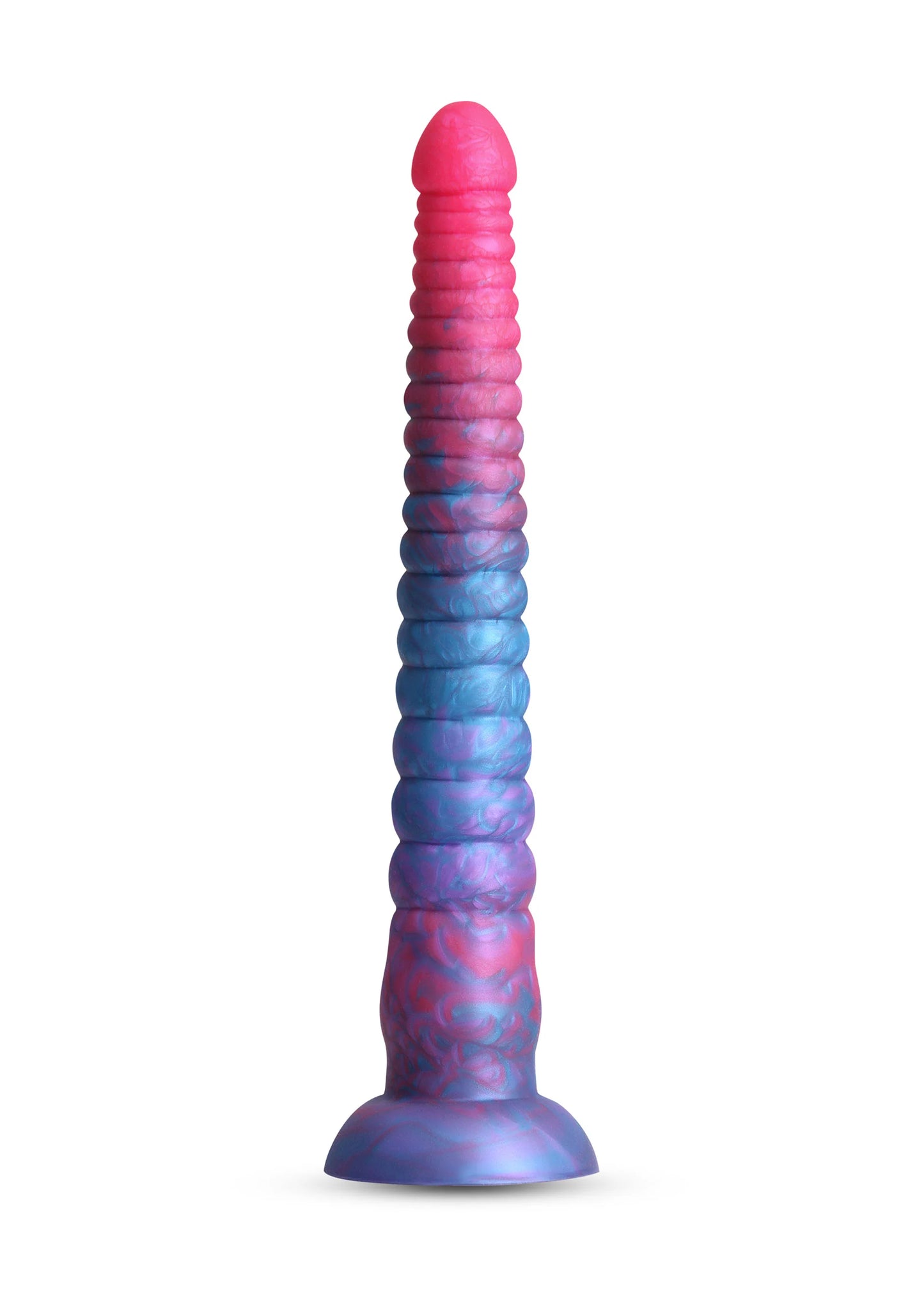 Regenbooggekleurde dildo met geribbelde steel en brede voet
