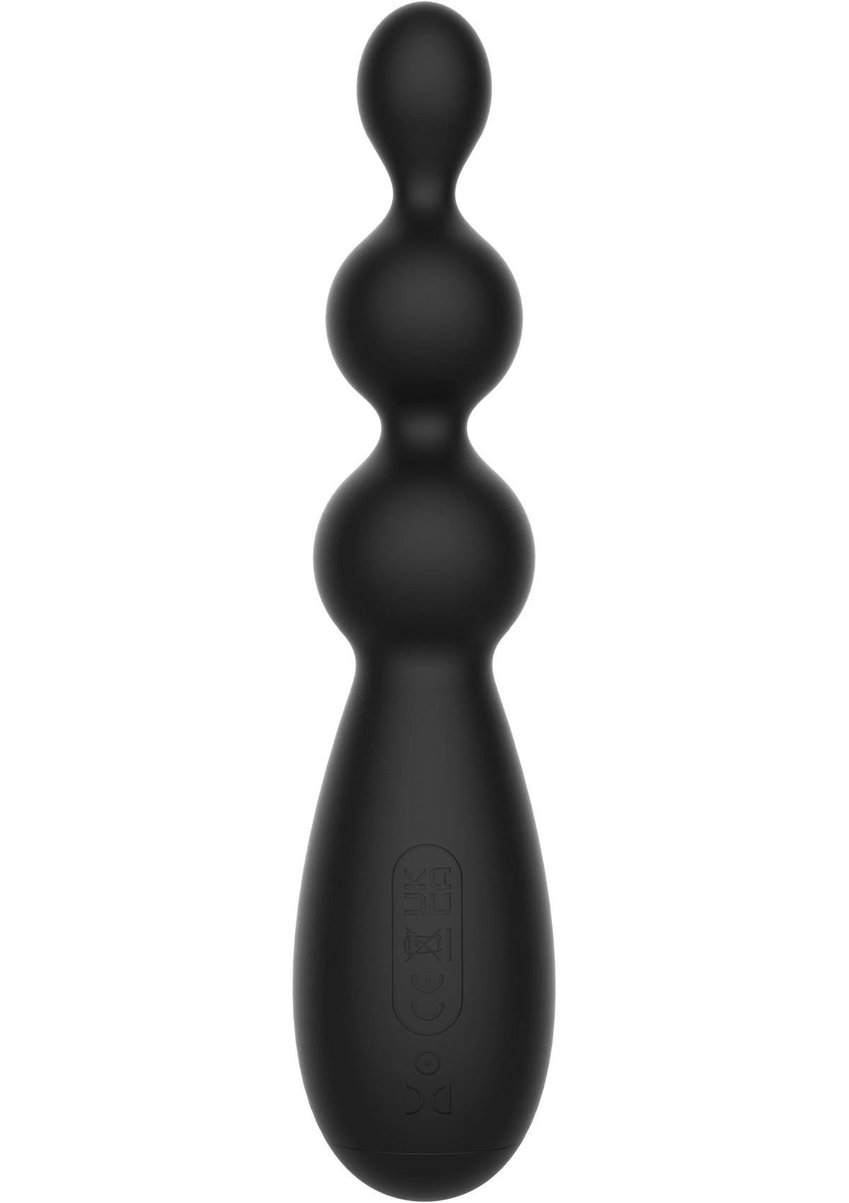 Zwarte anale vibrator met drie ronde bollen en grote bedieningsknop aan onderzijde.
