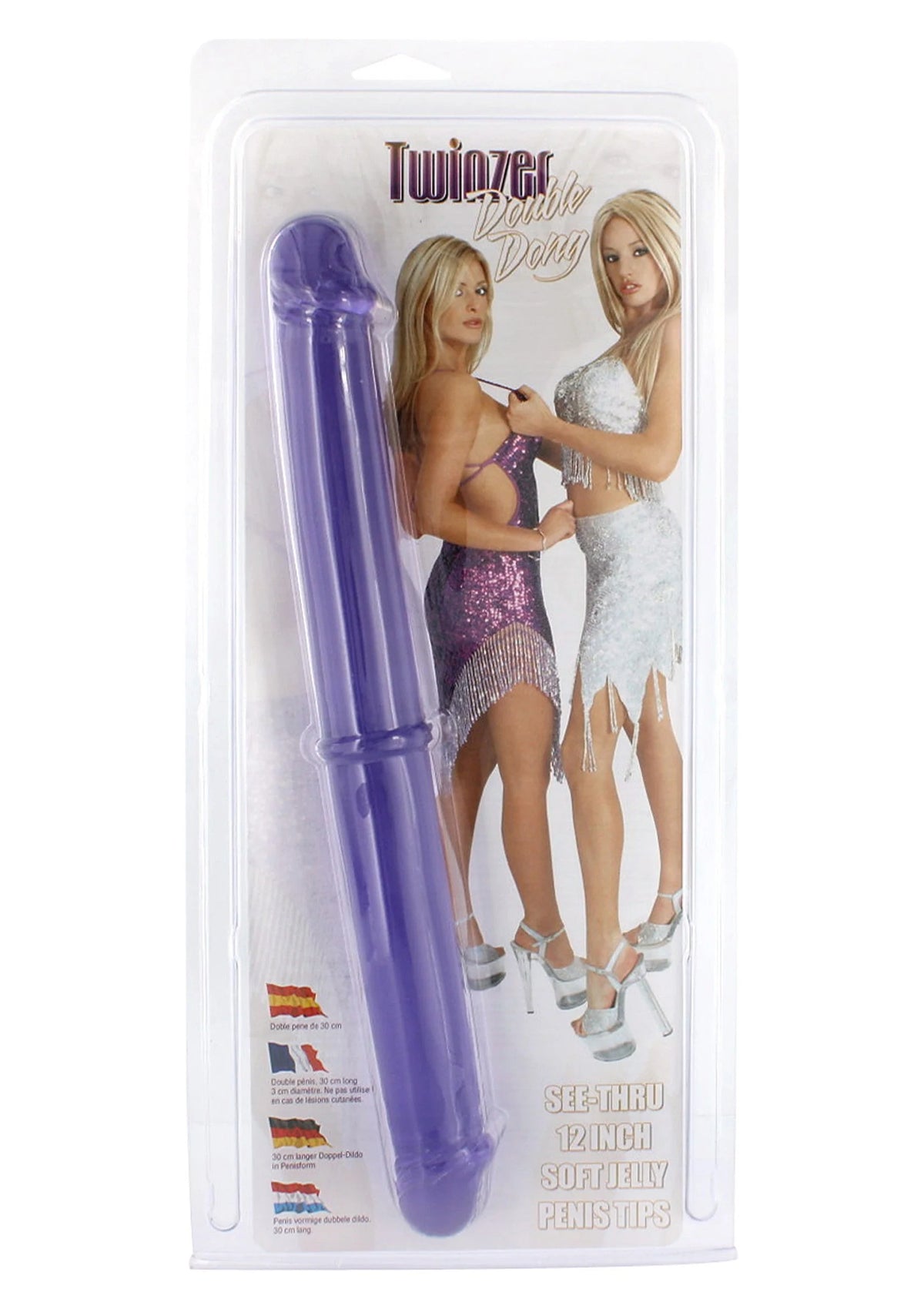 Paarse dubbelzijdige dildo in blisterverpakking met voorplaat