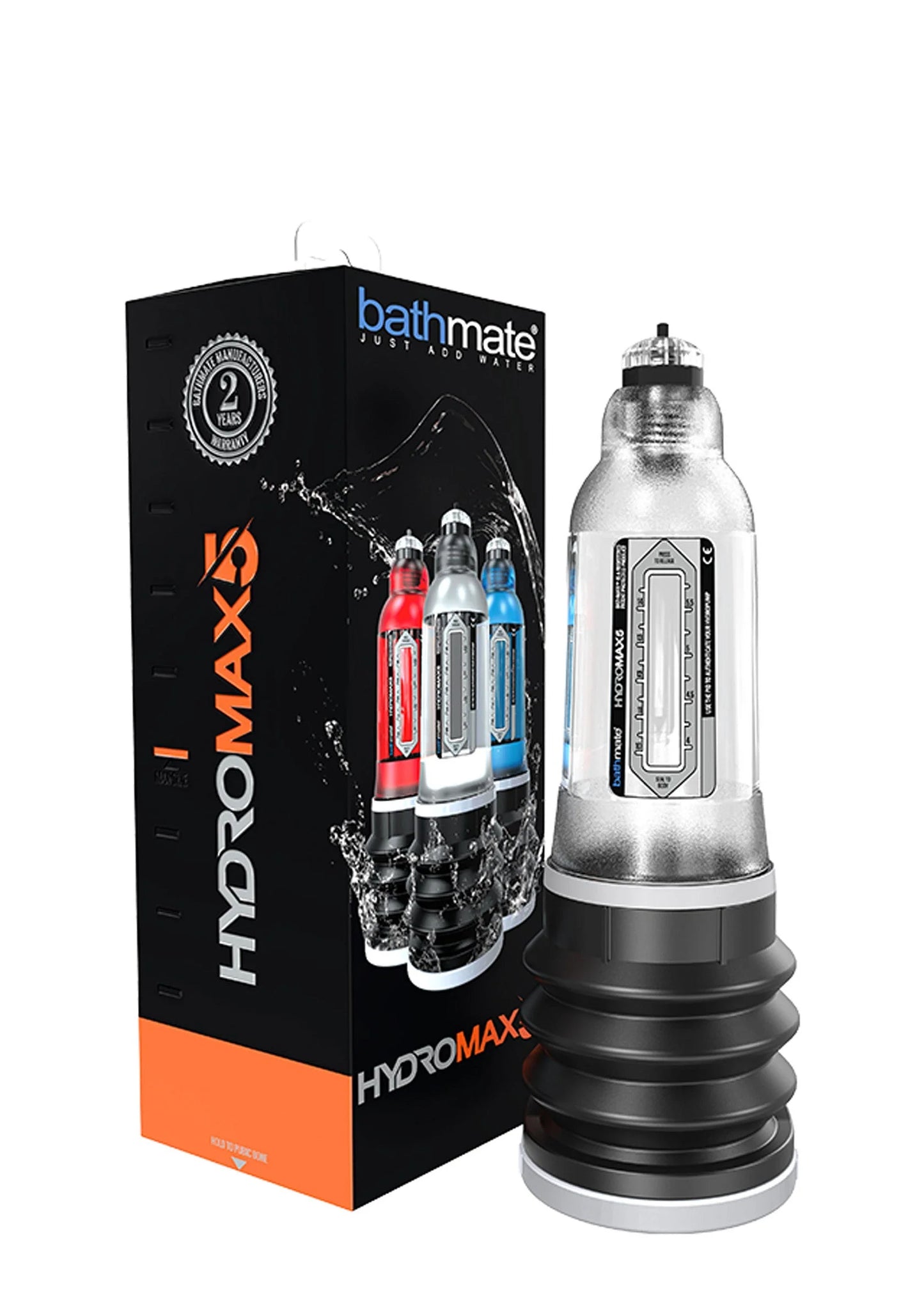 HydroMax 5 pomp van Bathmate met doos en zilveren cilinder, zwarte geribde voet